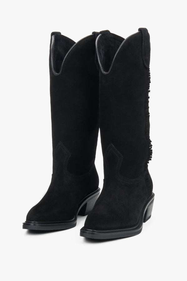 A pair of tall black Western-style boots for women, crafted from premium Italian velour.