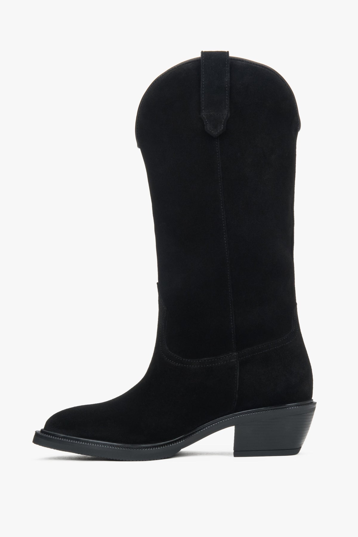 Tall black cowboy boots for women, featuring a premium upper made from genuine Italian velour.