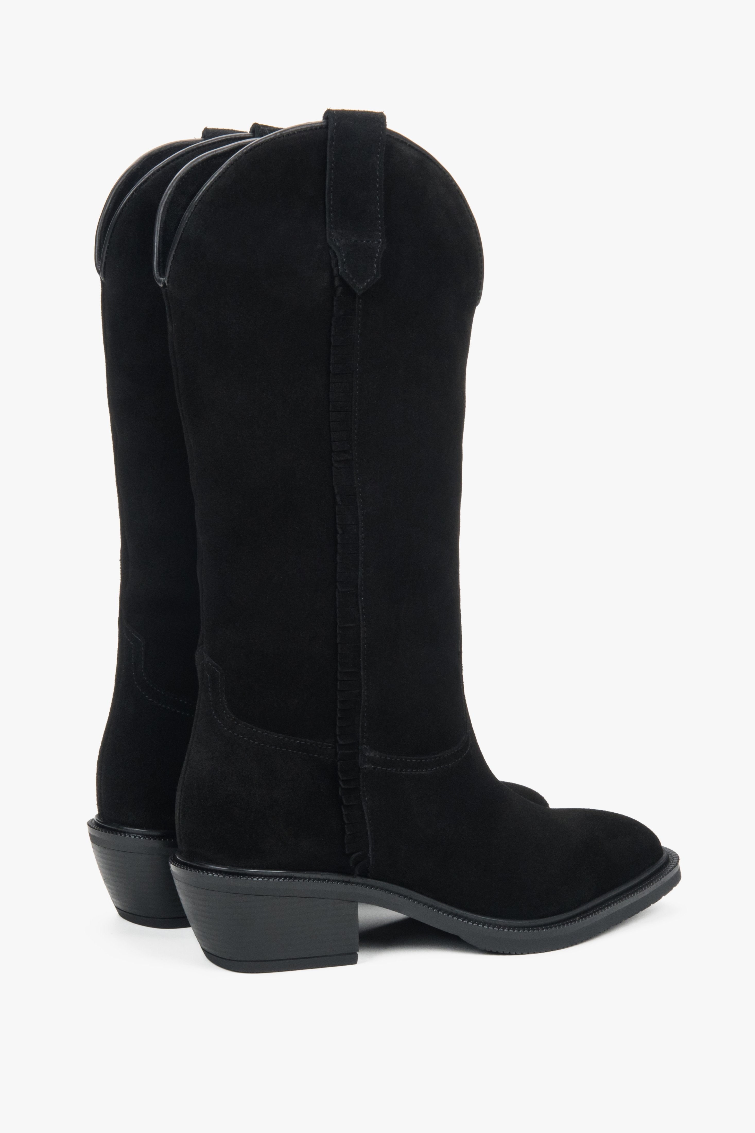 Side profile of women's tall black cowboy boots, showing the soft texture of the premium Italian velour.