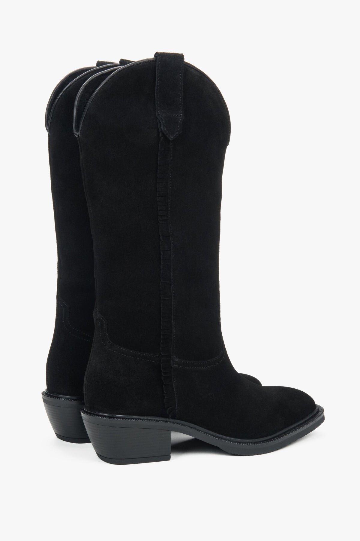 Side profile of women's tall black cowboy boots, showing the soft texture of the premium Italian velour.