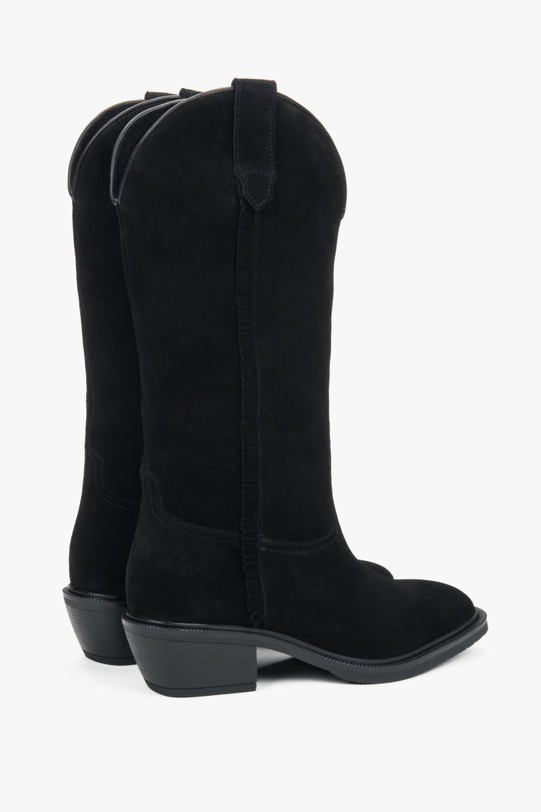Side profile of women's tall black cowboy boots, showing the soft texture of the premium Italian velour.