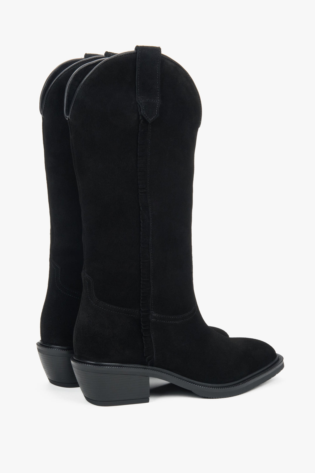 Side profile of women's tall black cowboy boots, showing the soft texture of the premium Italian velour.