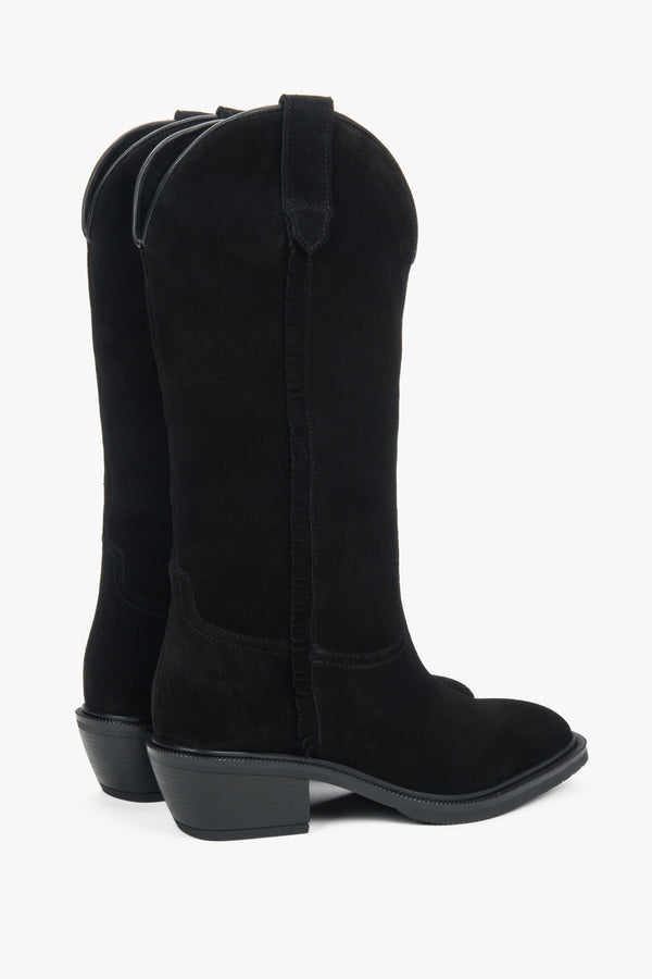 Side profile of women's tall black cowboy boots, showing the soft texture of the premium Italian velour.