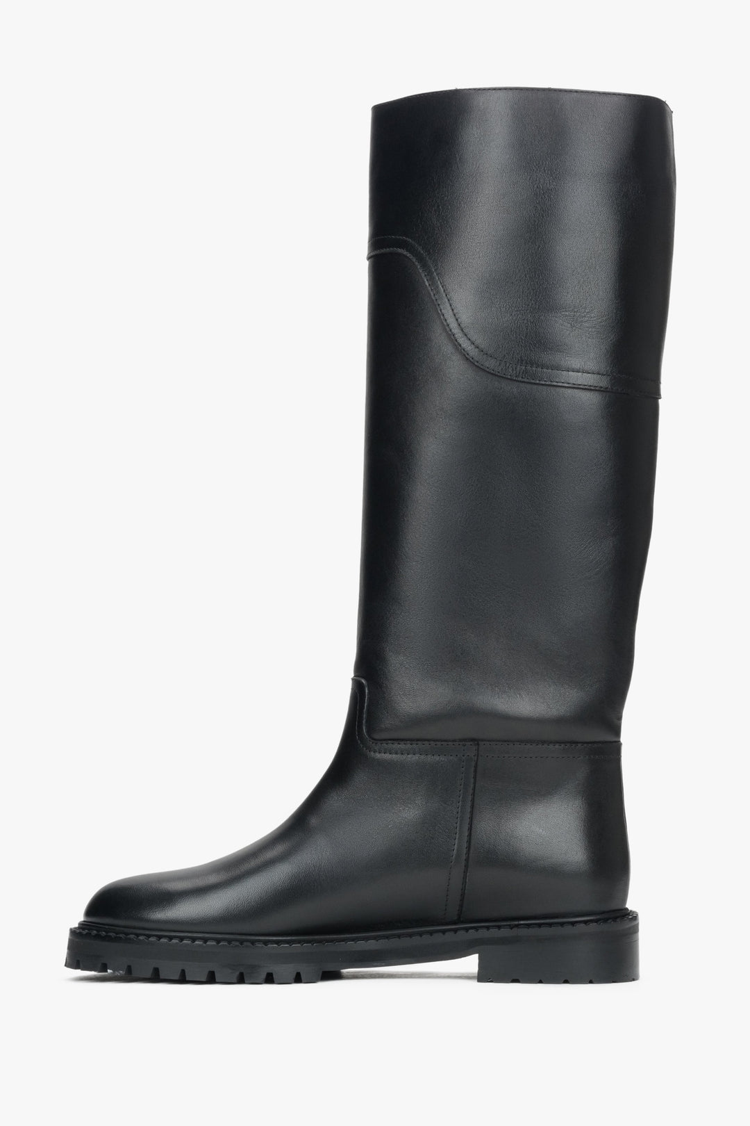 Tall black boots for women, featuring a genuine leather upper and a flat sole.