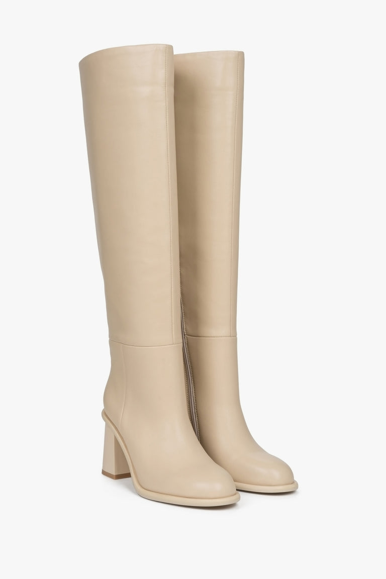 High, women's autumn-spring boots made of Estro genuine leather - beige.