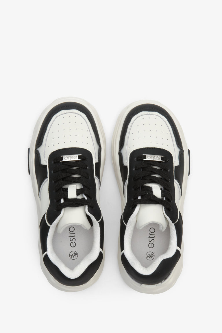 Women's leather sneakers in black and white by Estro - top view presentation.