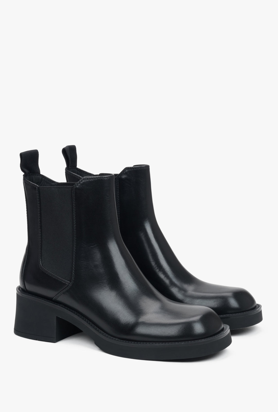 Black women's Chelsea boots made of genuine leather, featuring a comfortable heel, by Estro.