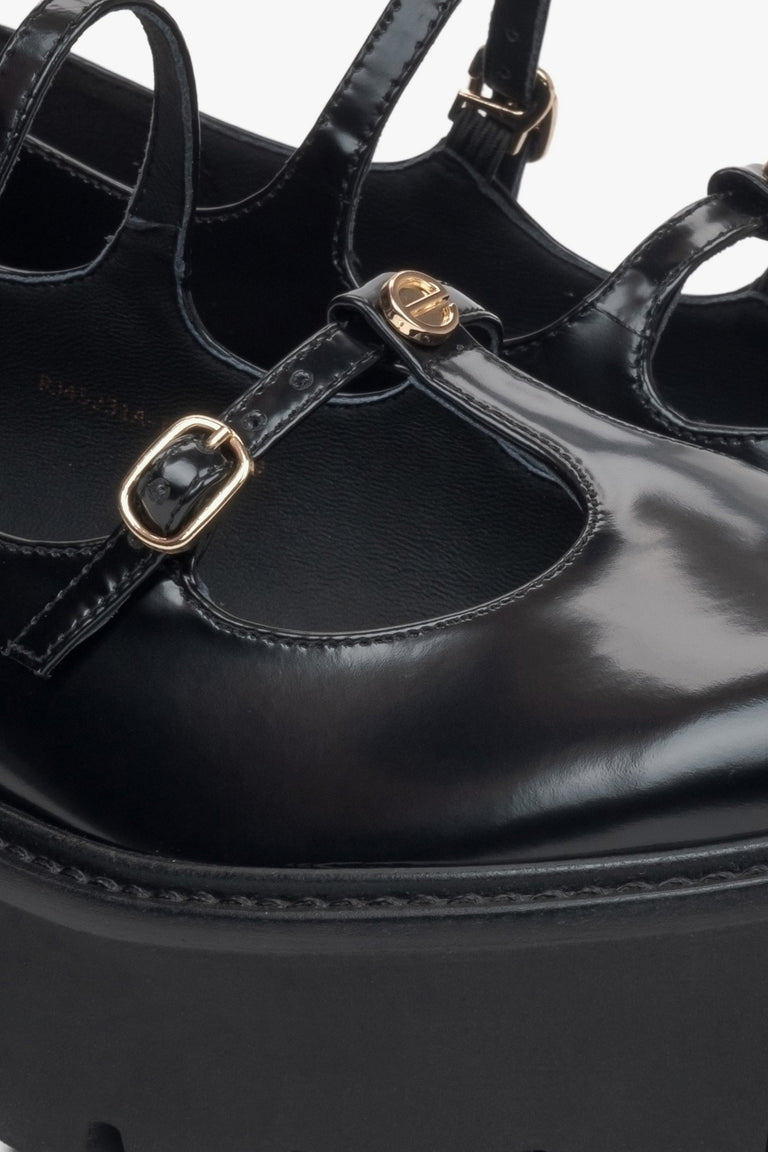 Black leather women's Mary Jane shoes Estro - close-up of the details.