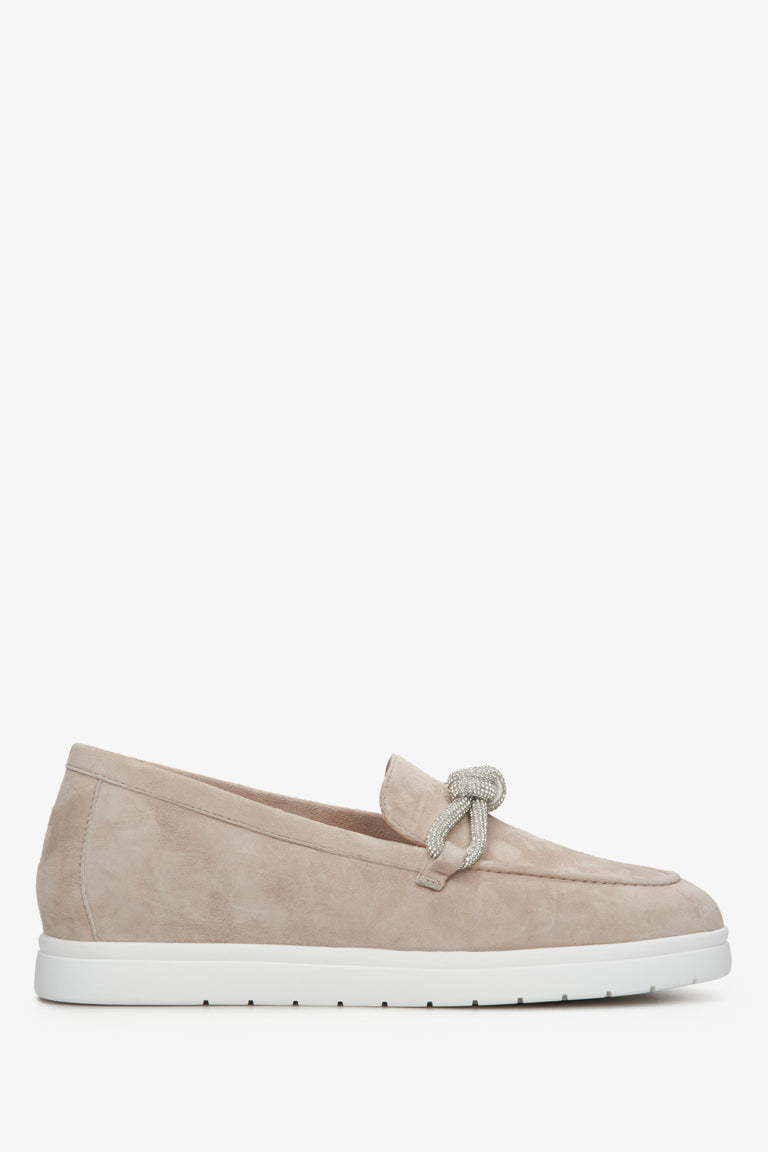 Women's Beige Velour Moccasins with a Decorative Bow Estro ER00112780.