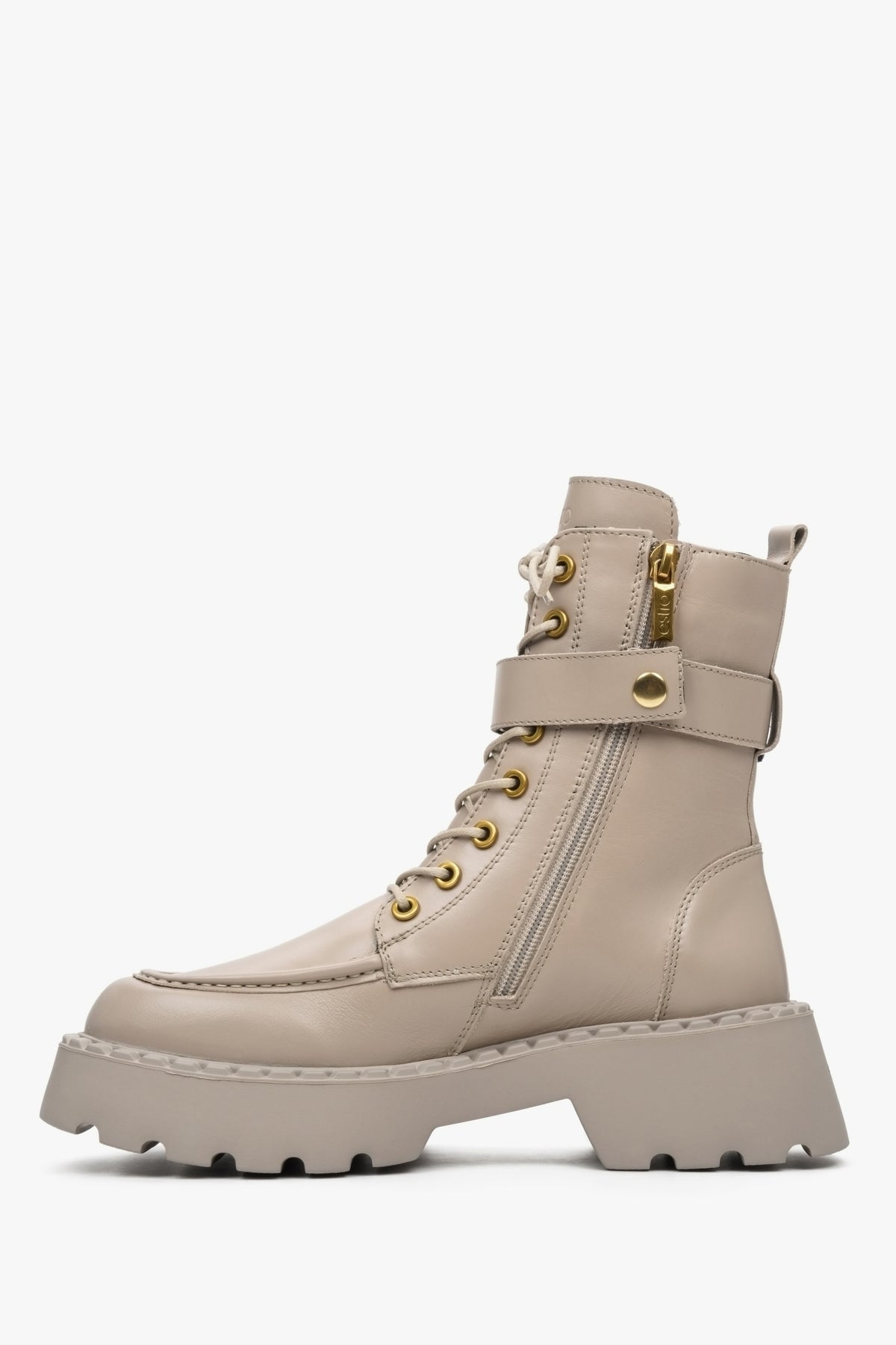 Leather women's beige ankle boots for autumn with gold accents - profile of Estro brand shoes.
