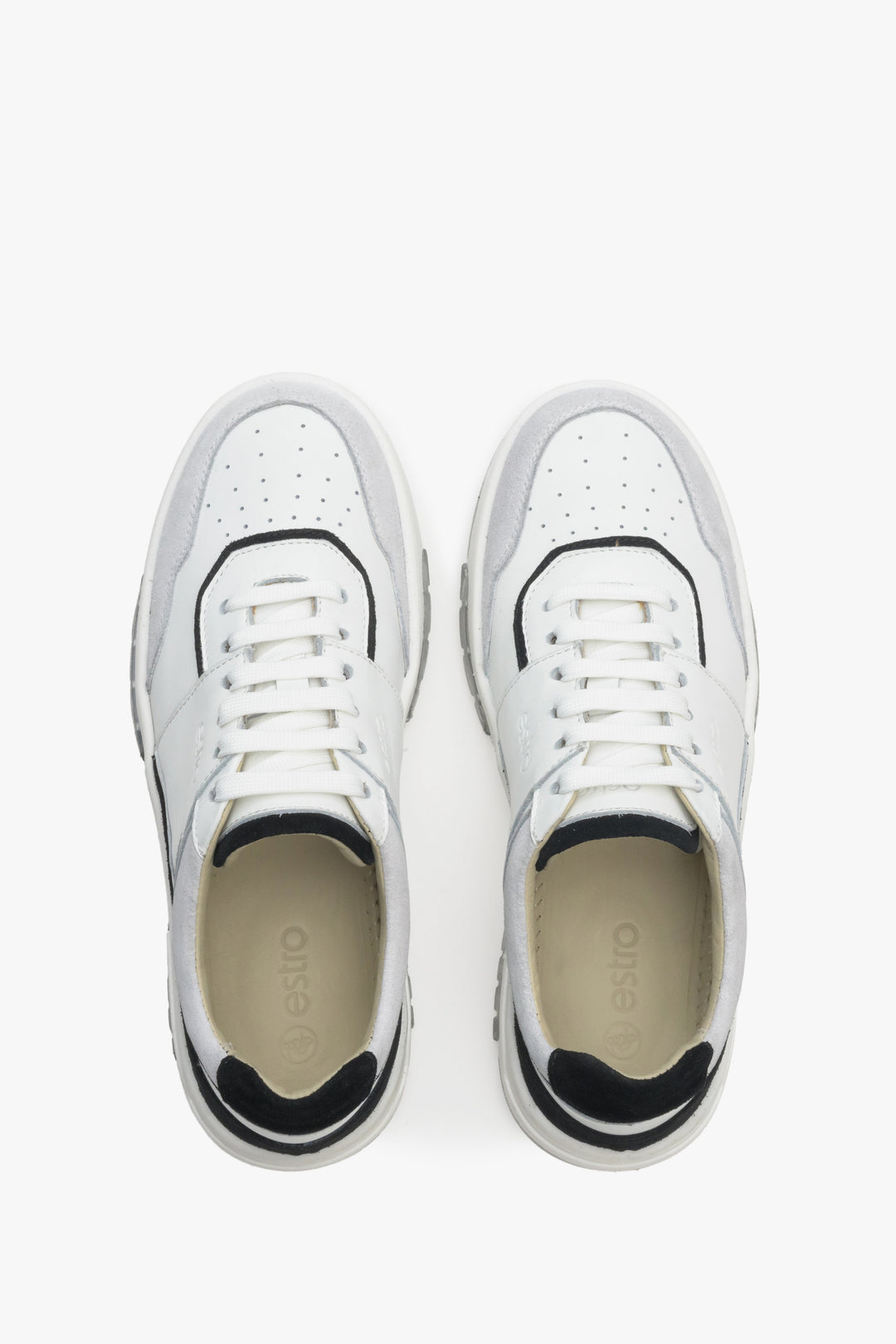 Women's sneakers made of genuine leather and suede in grey, black, and white.