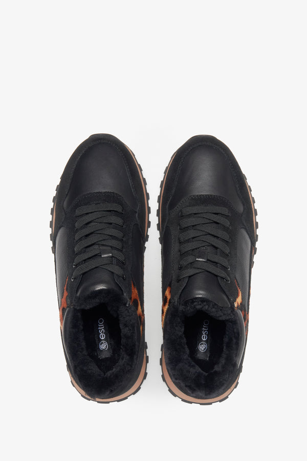 Black leather women's winter sneakers Estro - top view.