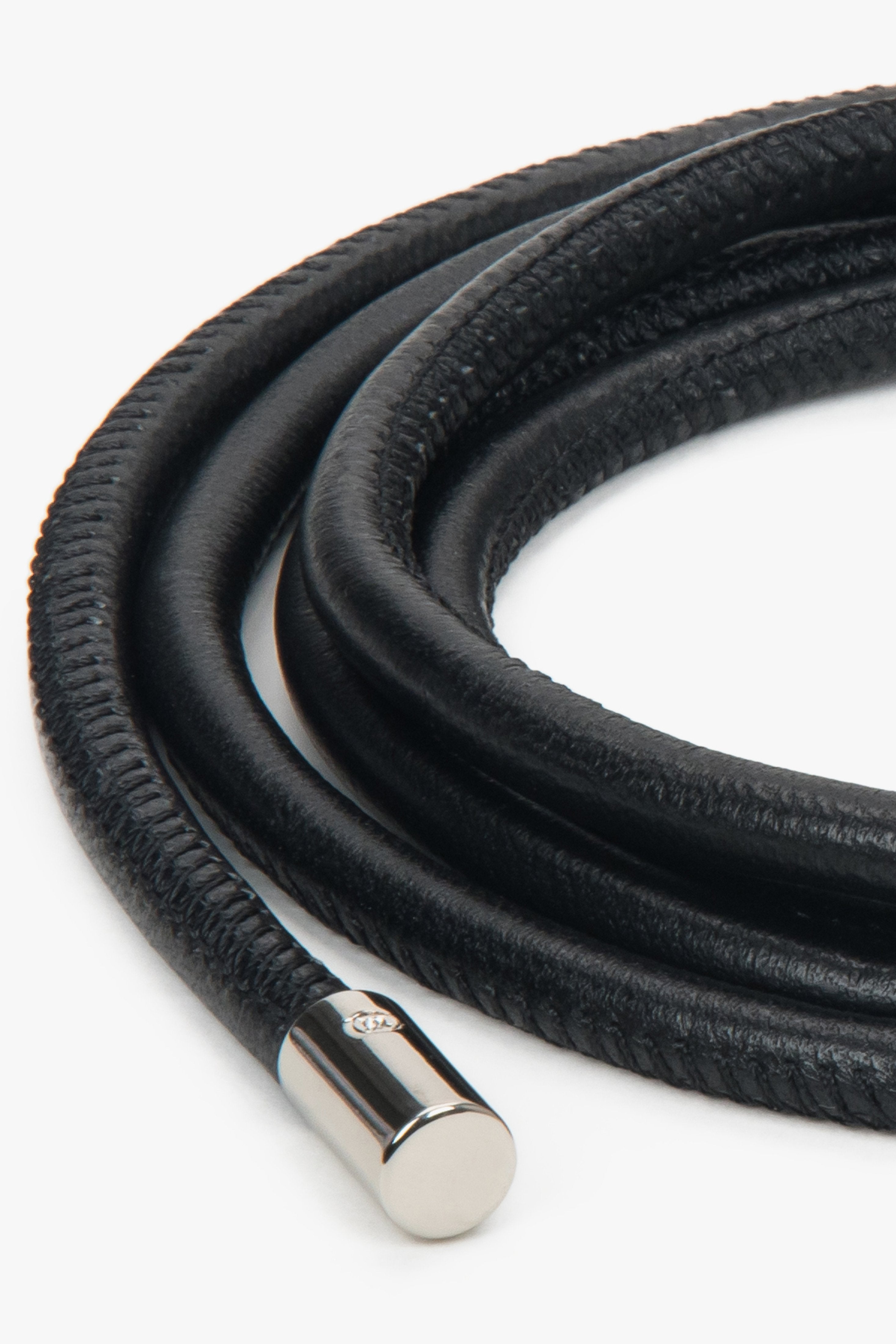 Estro – Thin Black Women's Belt made of 100% Genuine Leather with Silver Details.