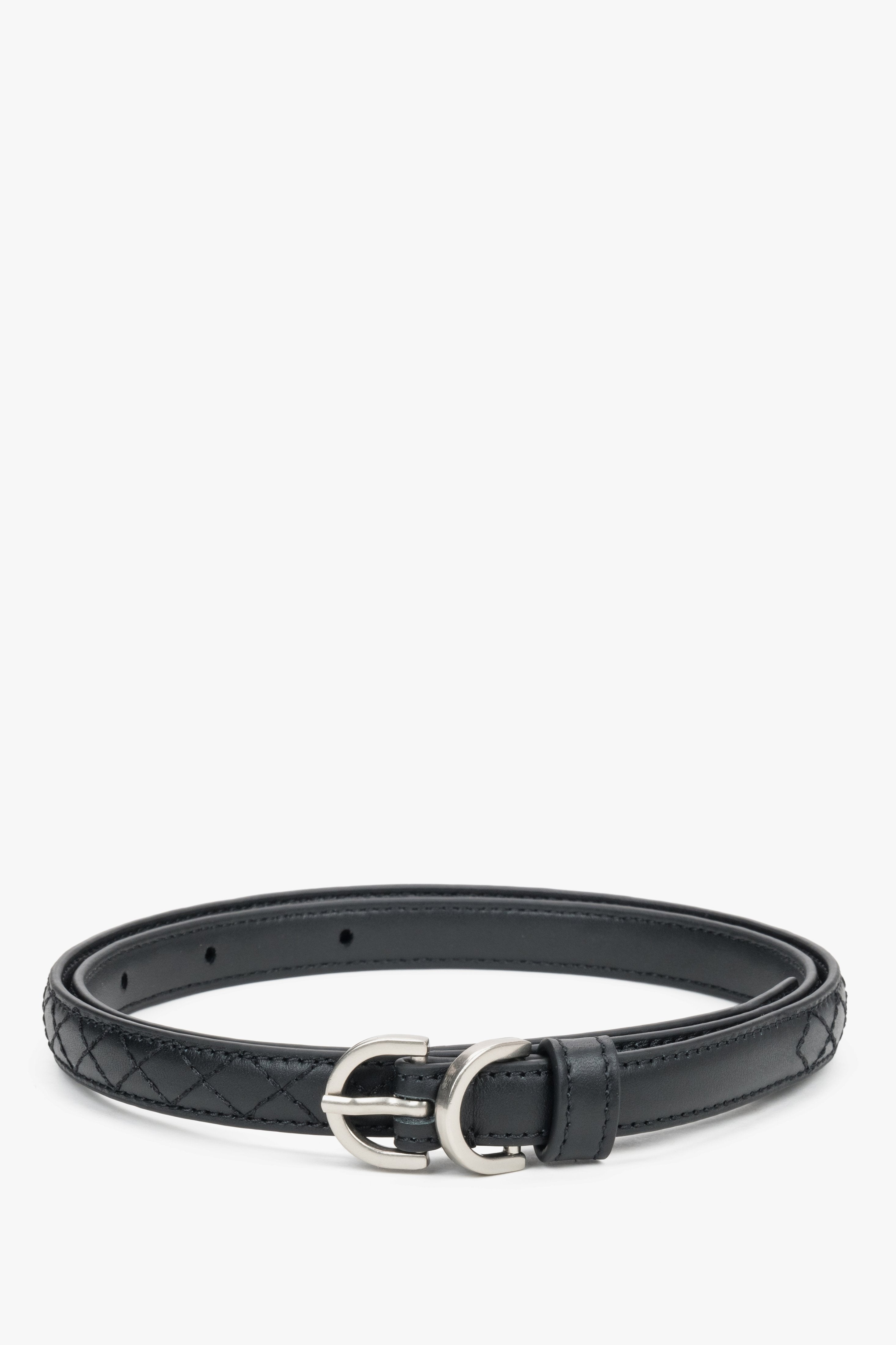 Thin Black Genuine Leather Belt with Embossed Braided Pattern Estro ER00120719