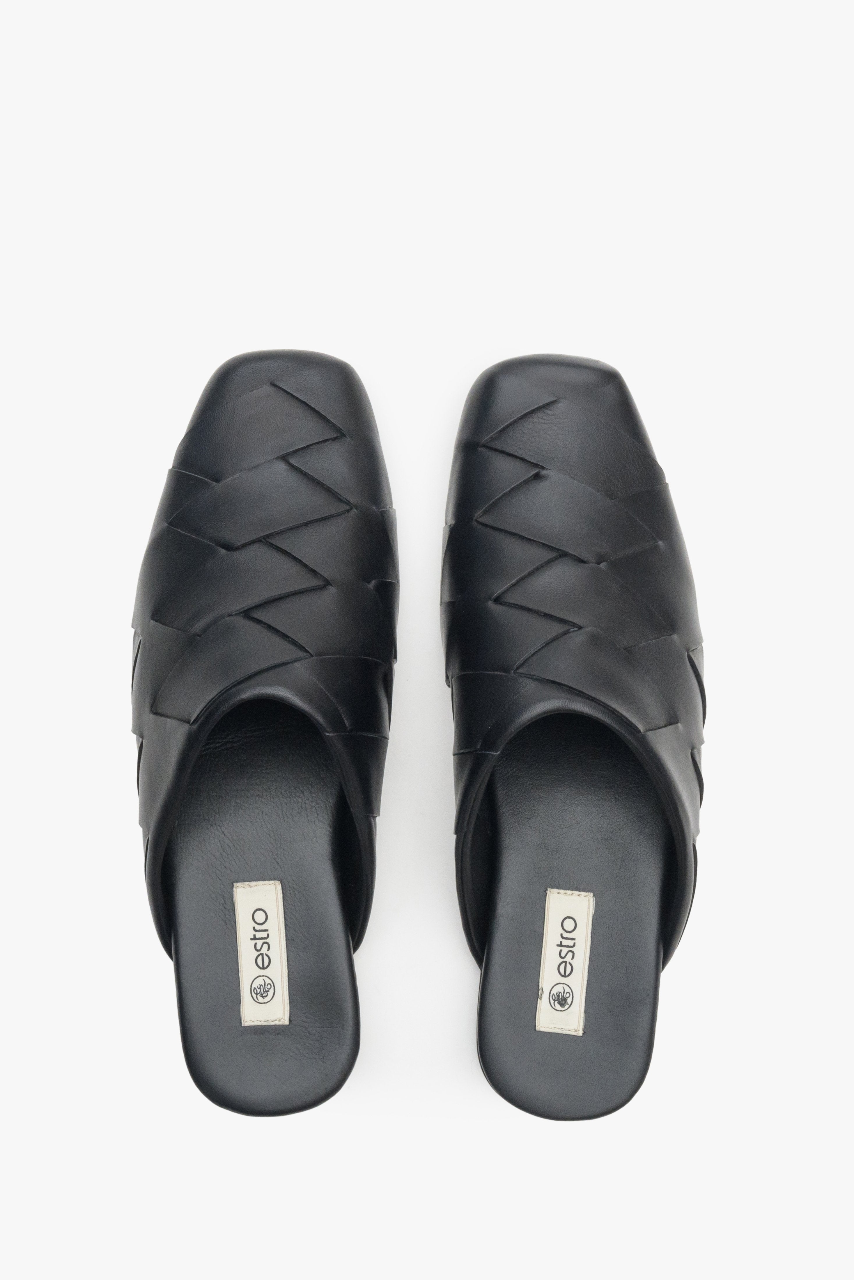 Women's black leather slides by Estro - top view presentation.