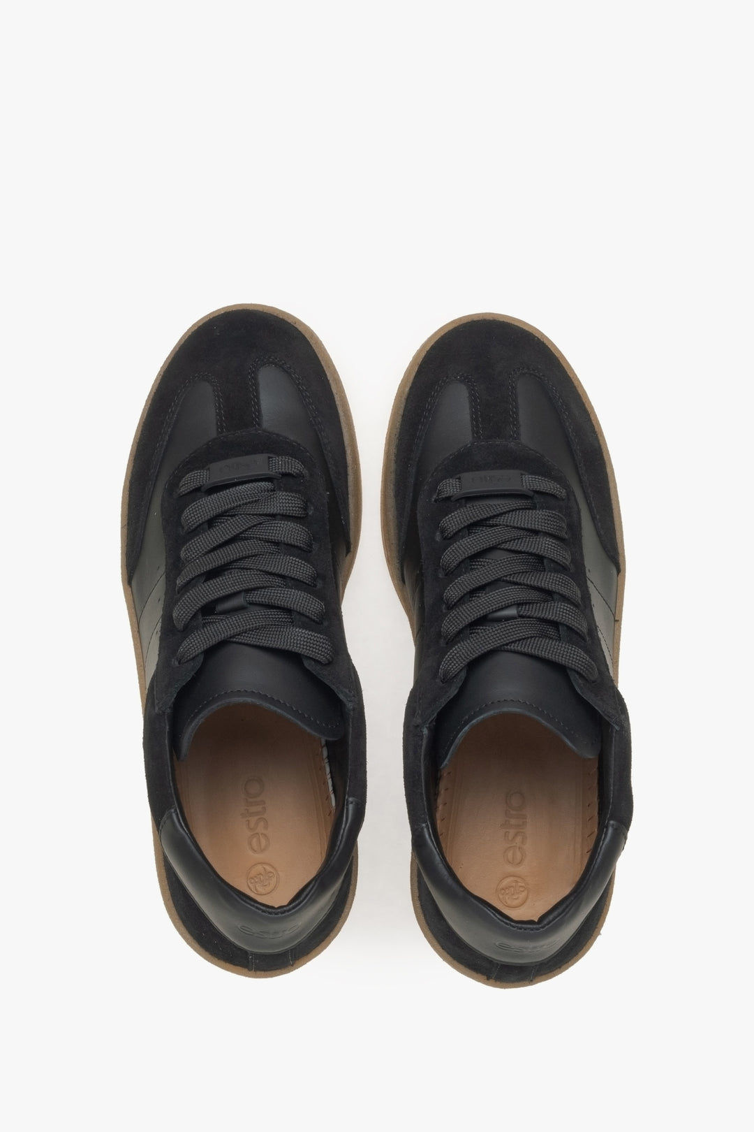 Women's black sneakers made of leather and velour by Estro - top view.