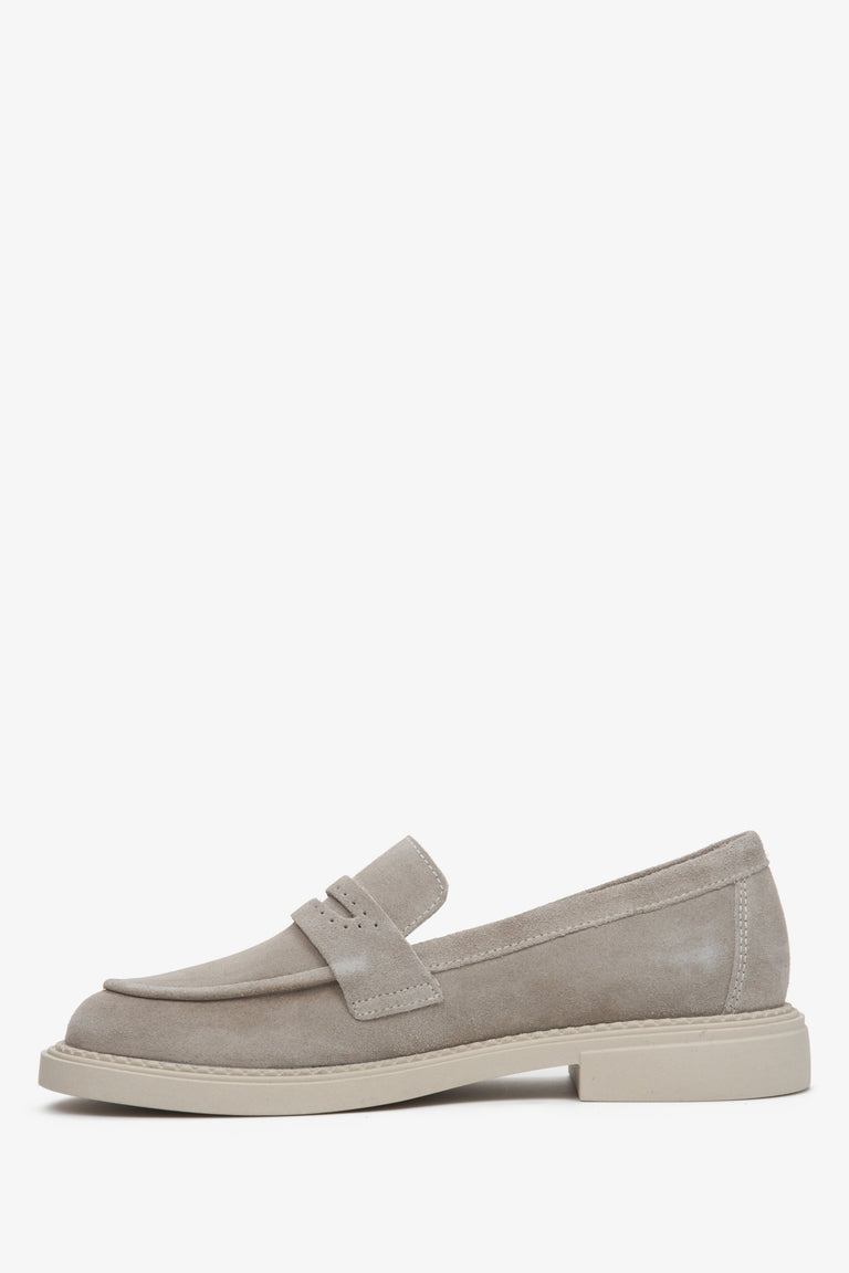 Women's grey suede loafers by Estro - shoe profile.