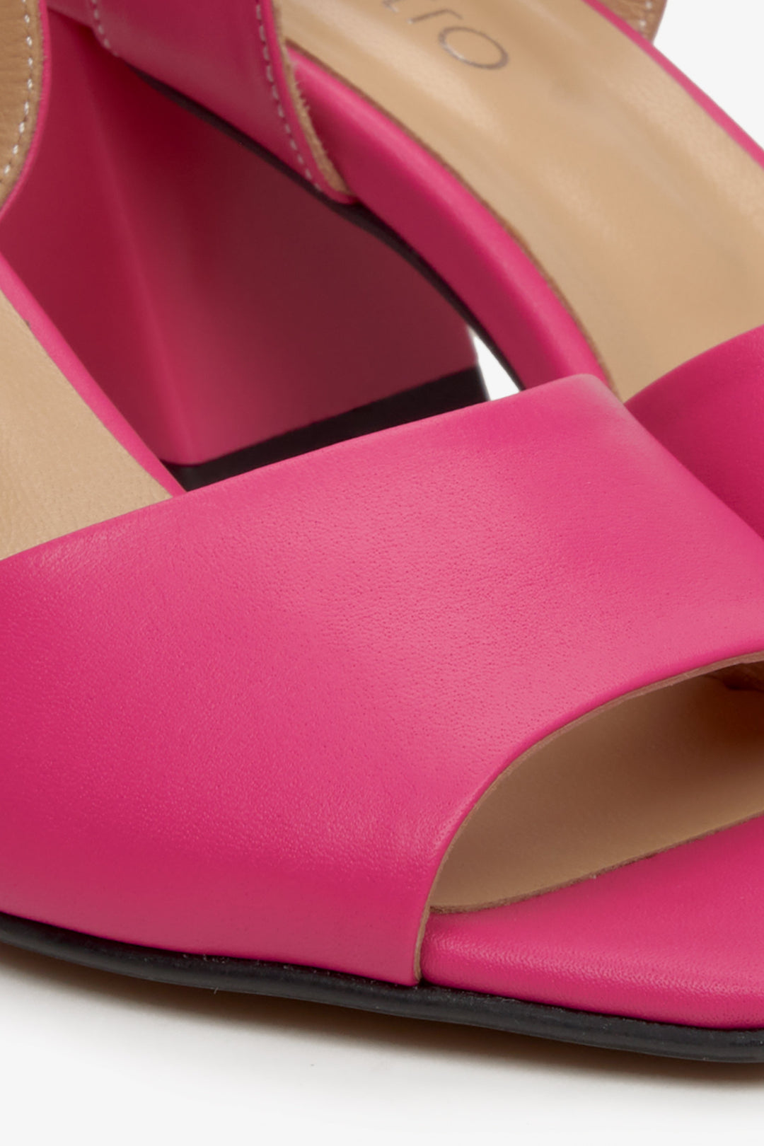 Women's pink leather heeled sandals by Estro - a close-up on the details.