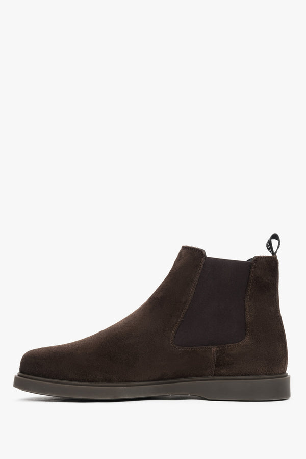 Dark brown velour Chelsea boots by Estro - side profile.