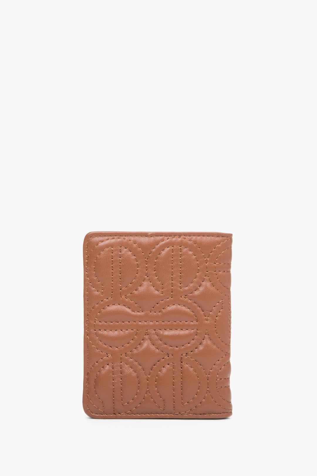 Small women's brown card leather wallet by Estro with embossed logo.