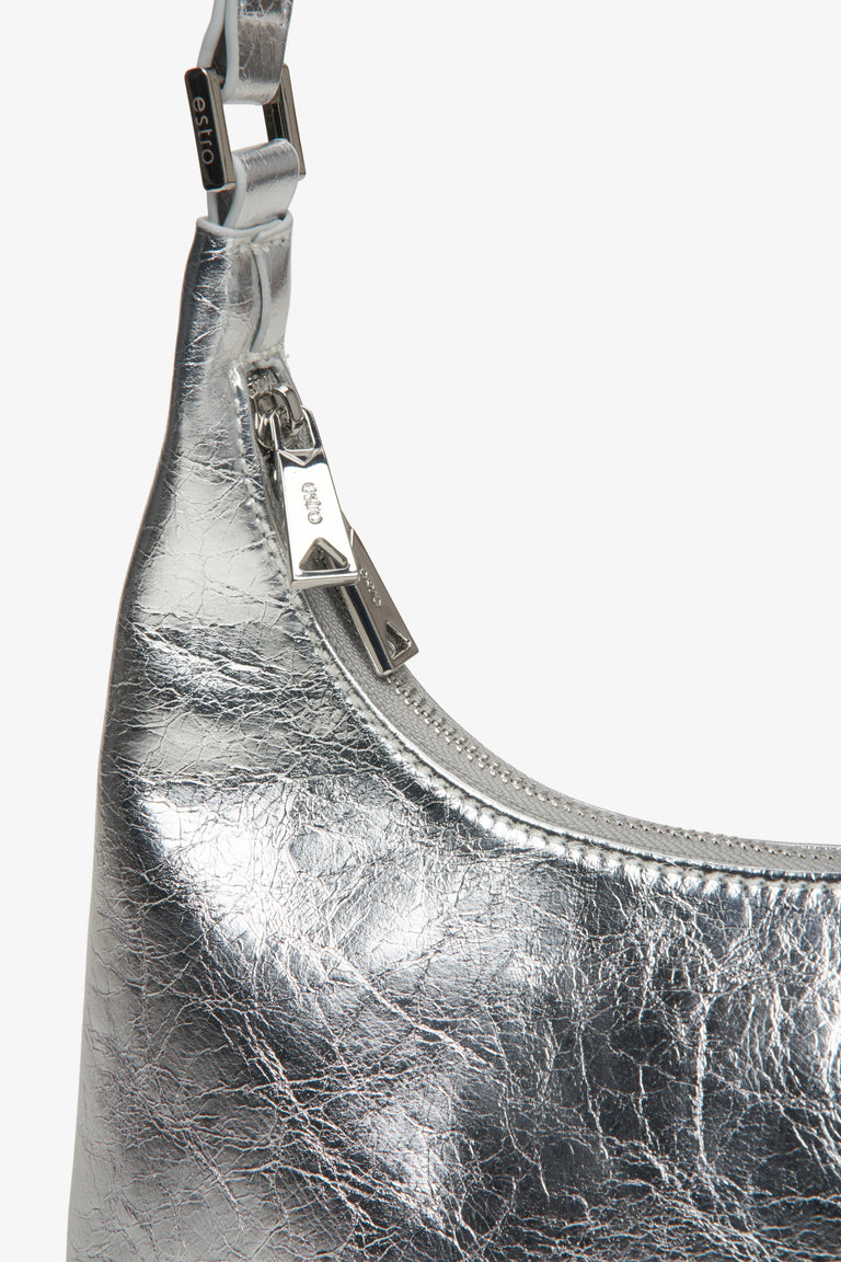 Women's silver handbag - a close-up on details.