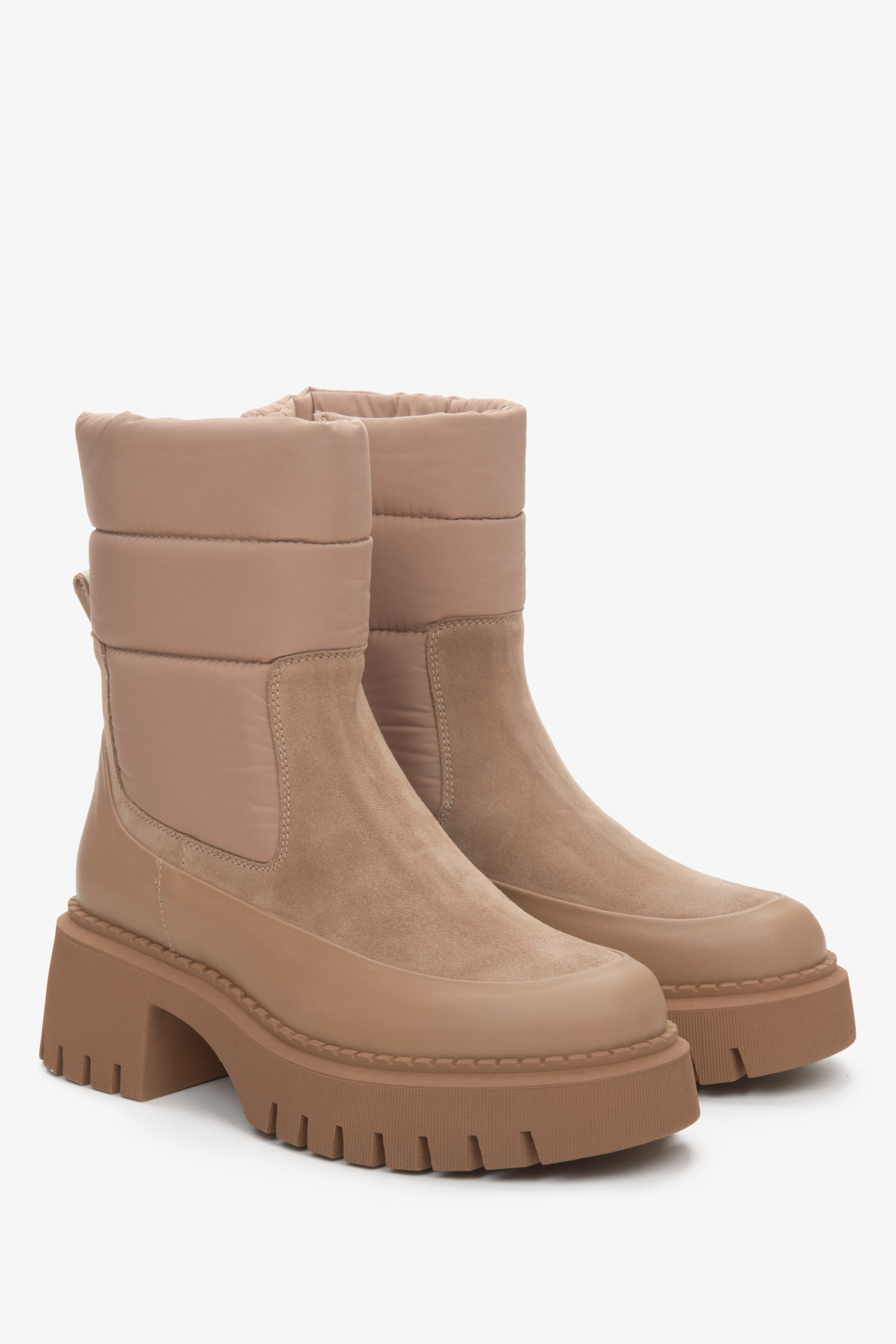 Comfortable brown Estro women's winter boots - close-up on the side seam and toe.