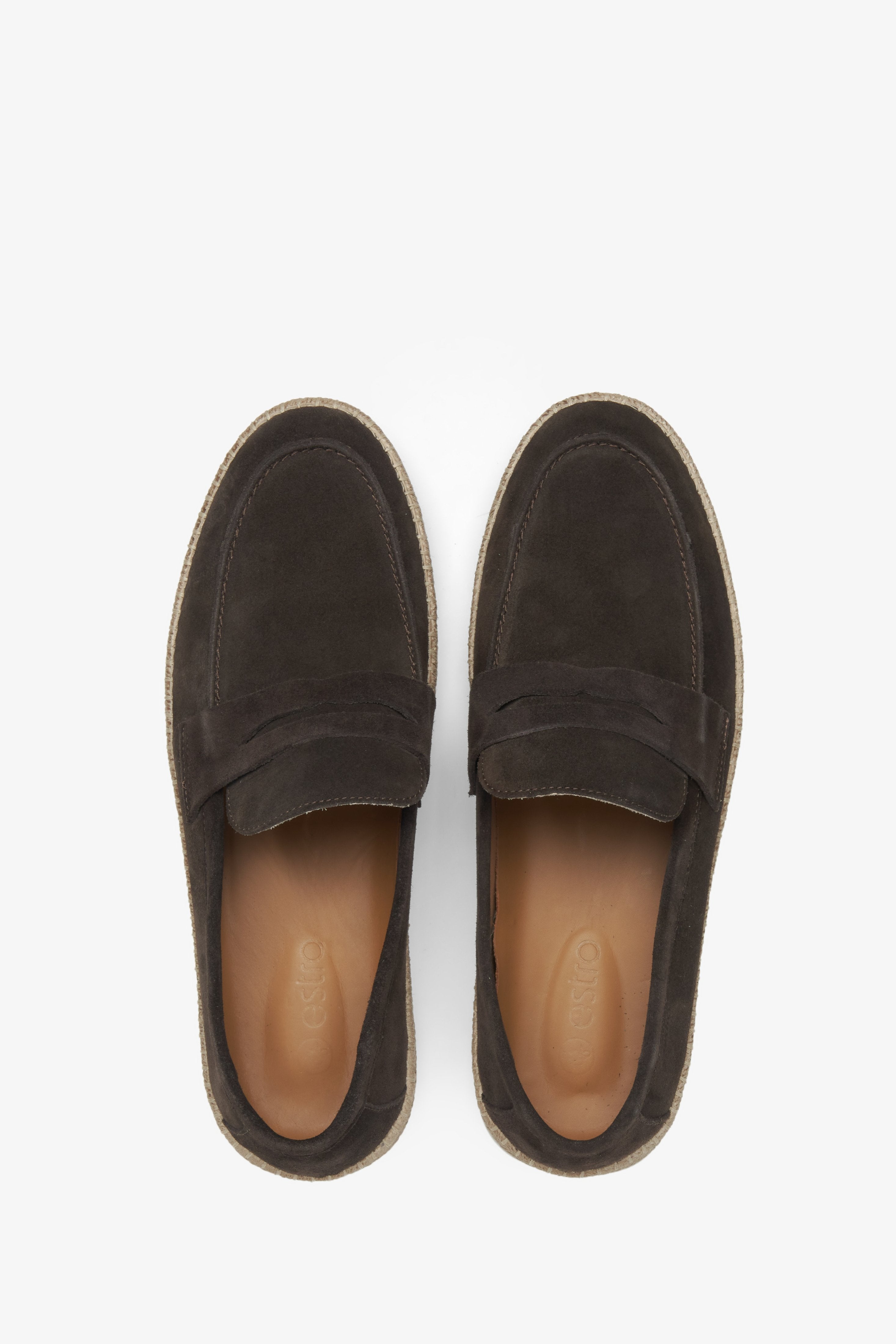 Estro dark brown women's velour moccasins - top view presentation of the model.