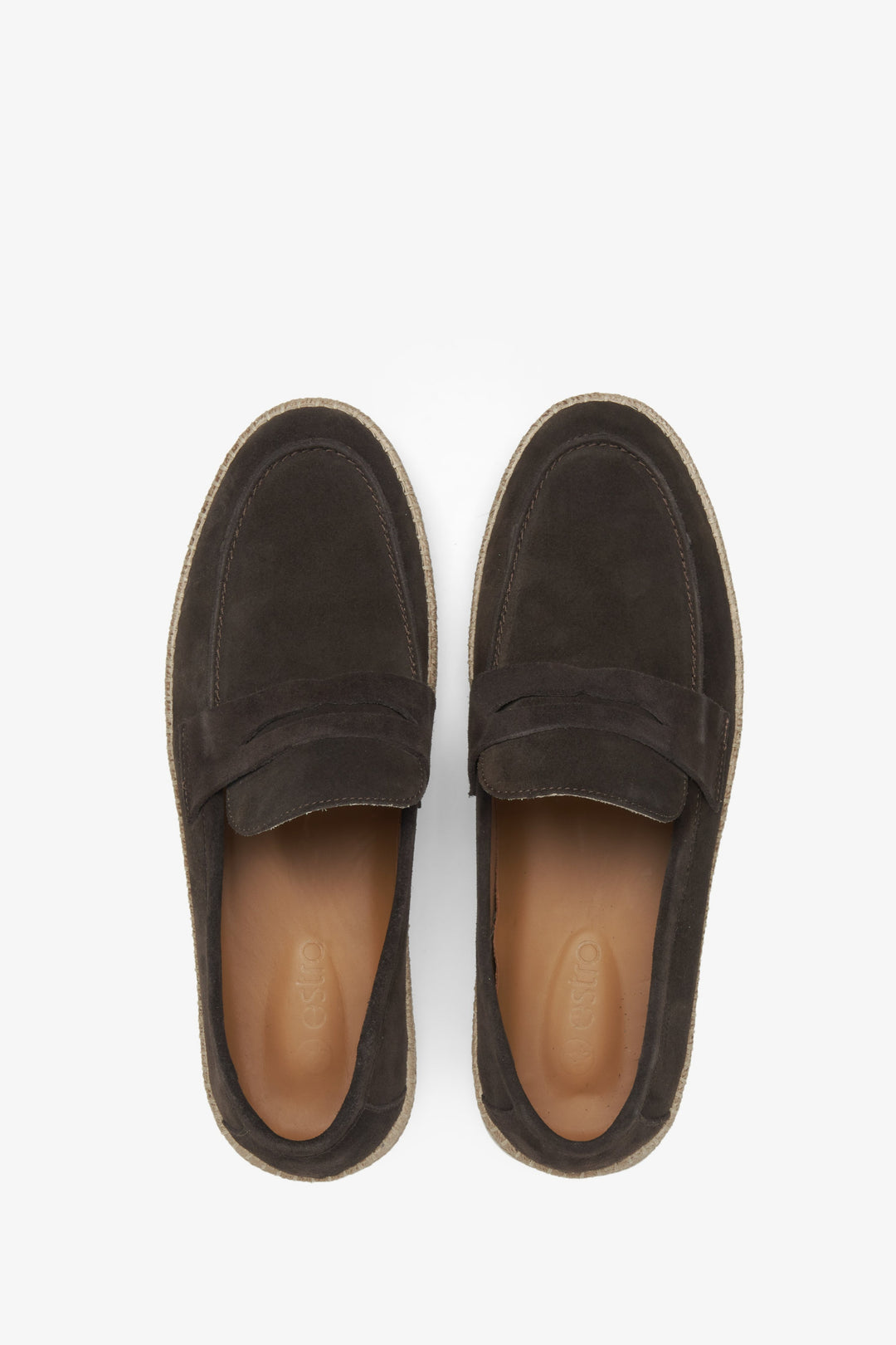 Estro dark brown women's velour moccasins - top view presentation of the model.