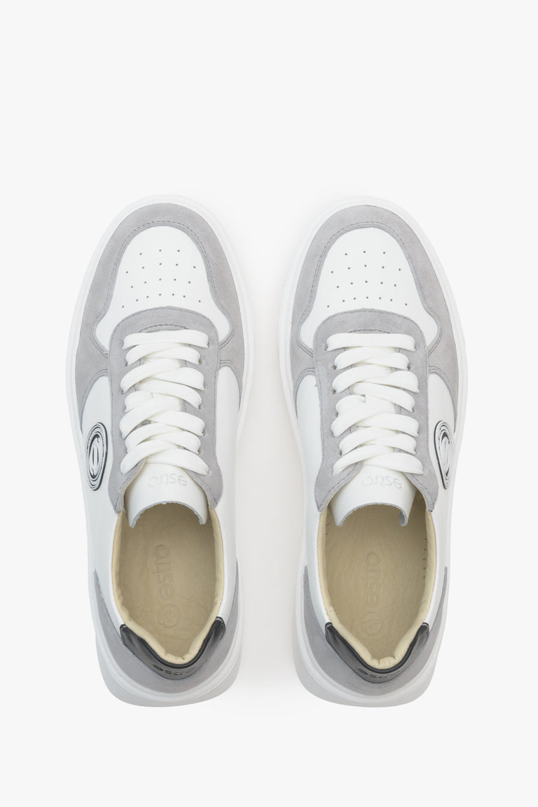 Women's leather sneakers by Estro in grey and white color - top view presentation.