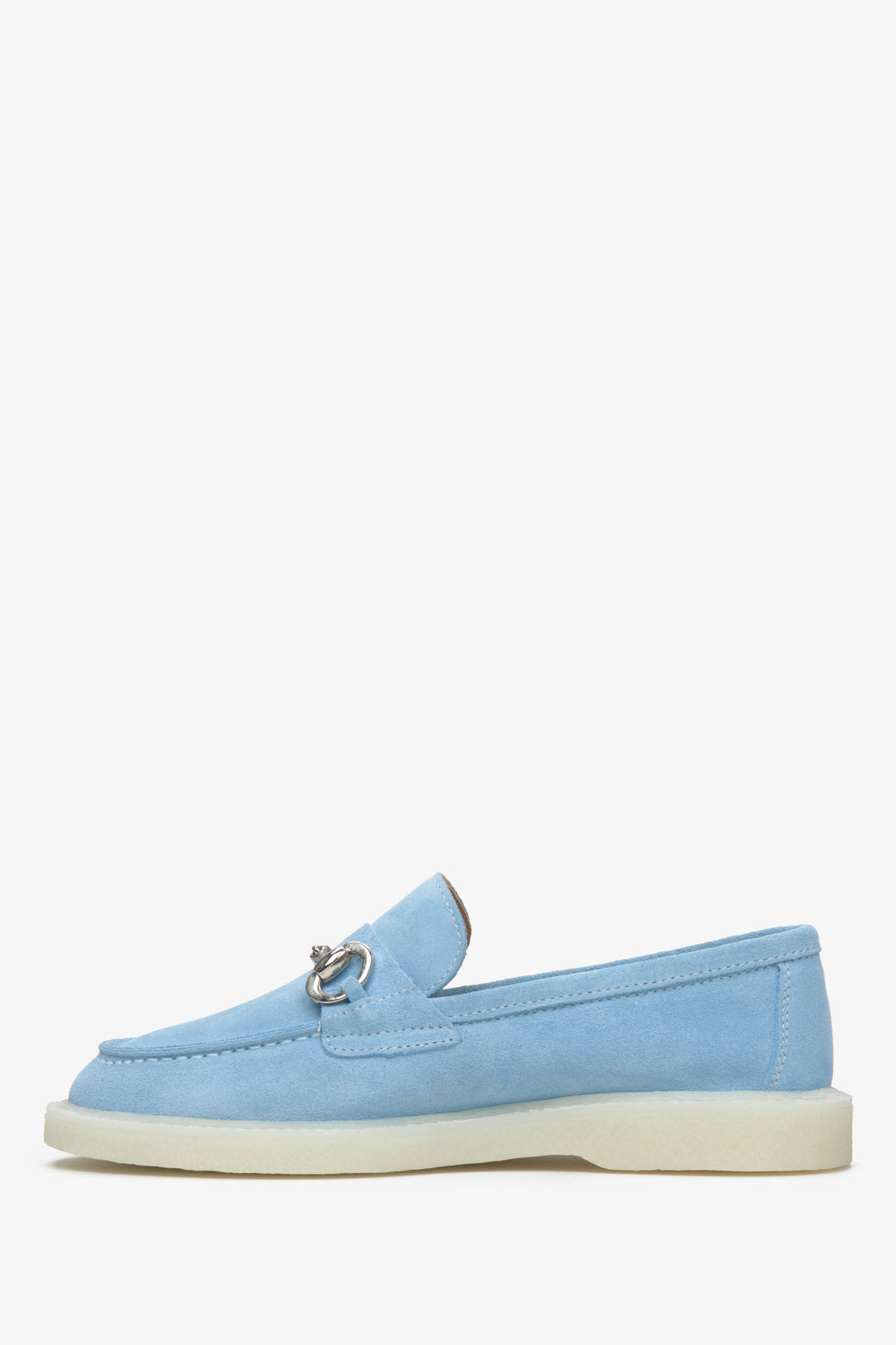 Light blue velour loafers Estro with gold buckle on Italian rubber sole.