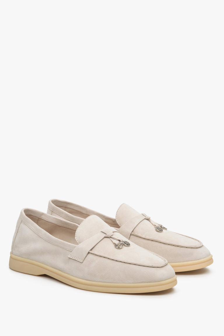 Women's cream beige velour loafers.