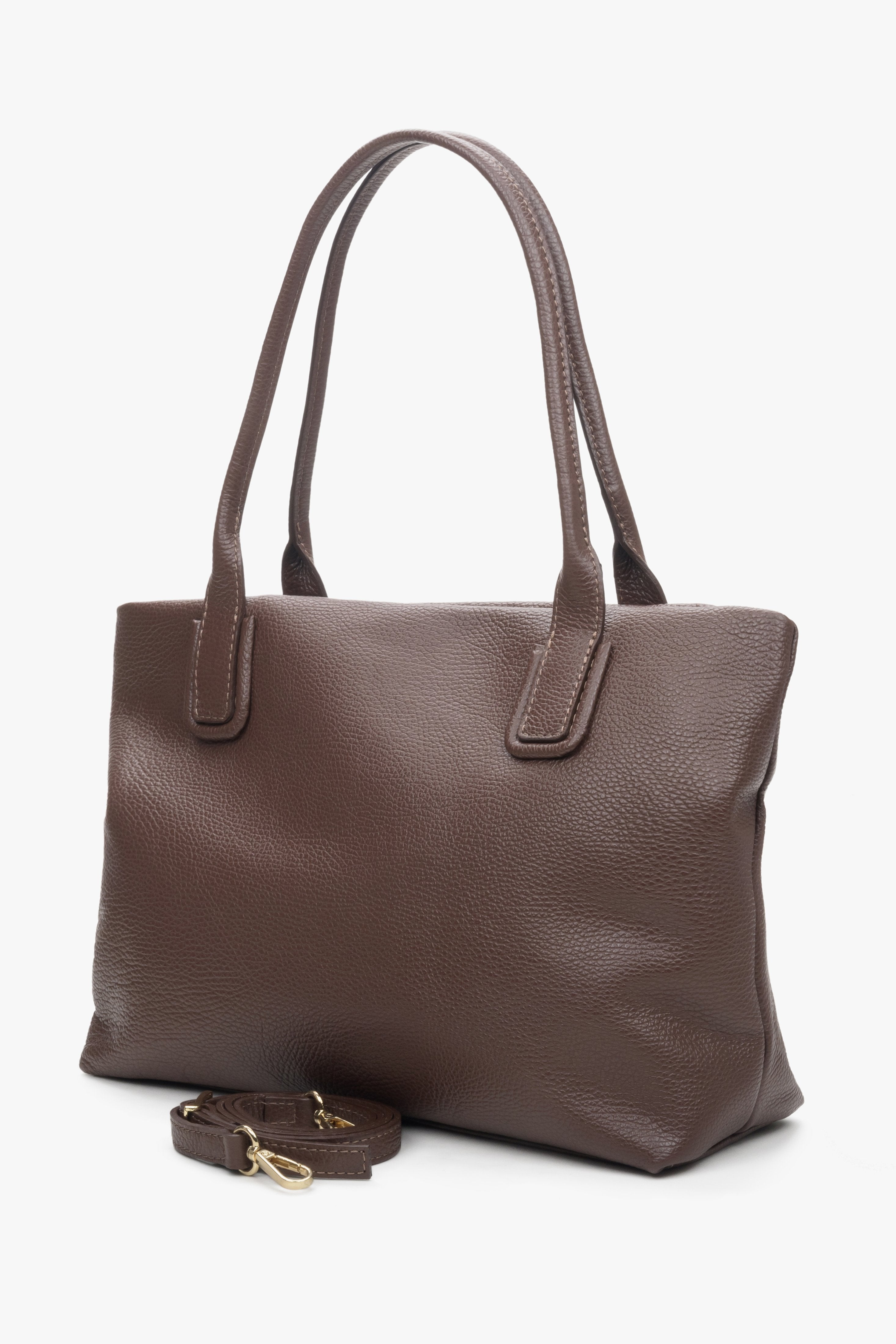 Women's dark brown leather shopper bag with an additional strap.