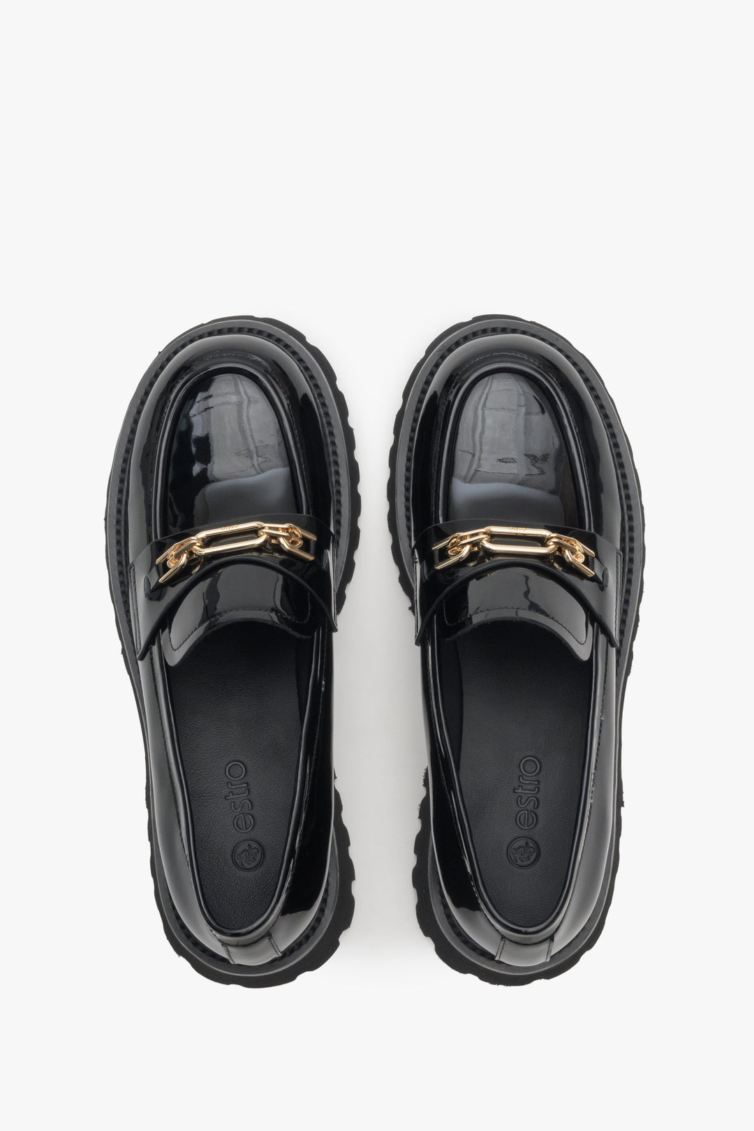 Women's black leather moccasins by Estro - top view presentation of the model.