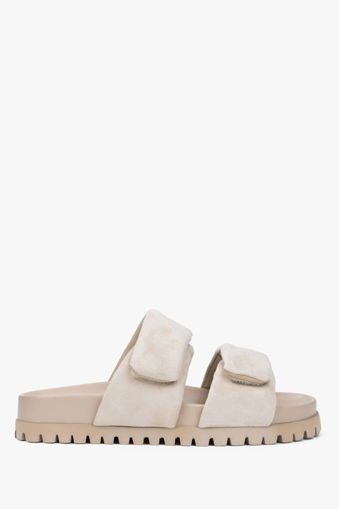 Women's Light Beige Velour Slide Sandals with Soft Straps Estro ER00116944.