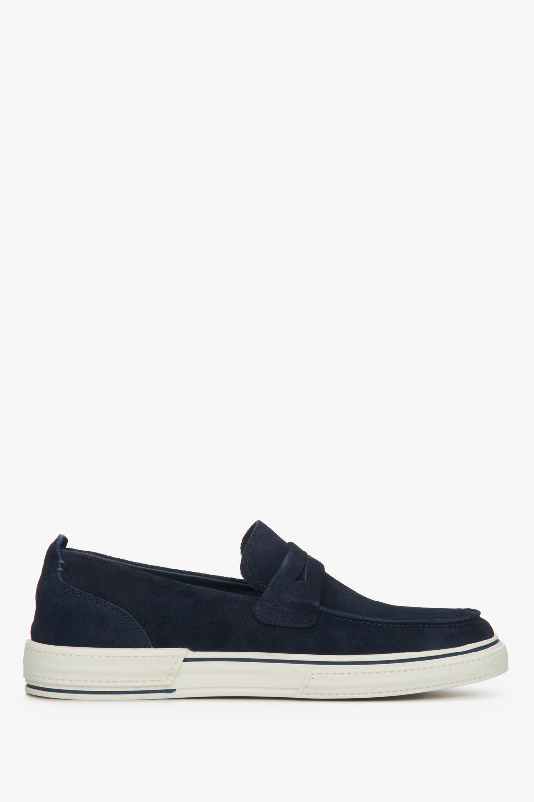 Navy blue velvet men's loafers for spring, slip-on style - shoe profile.