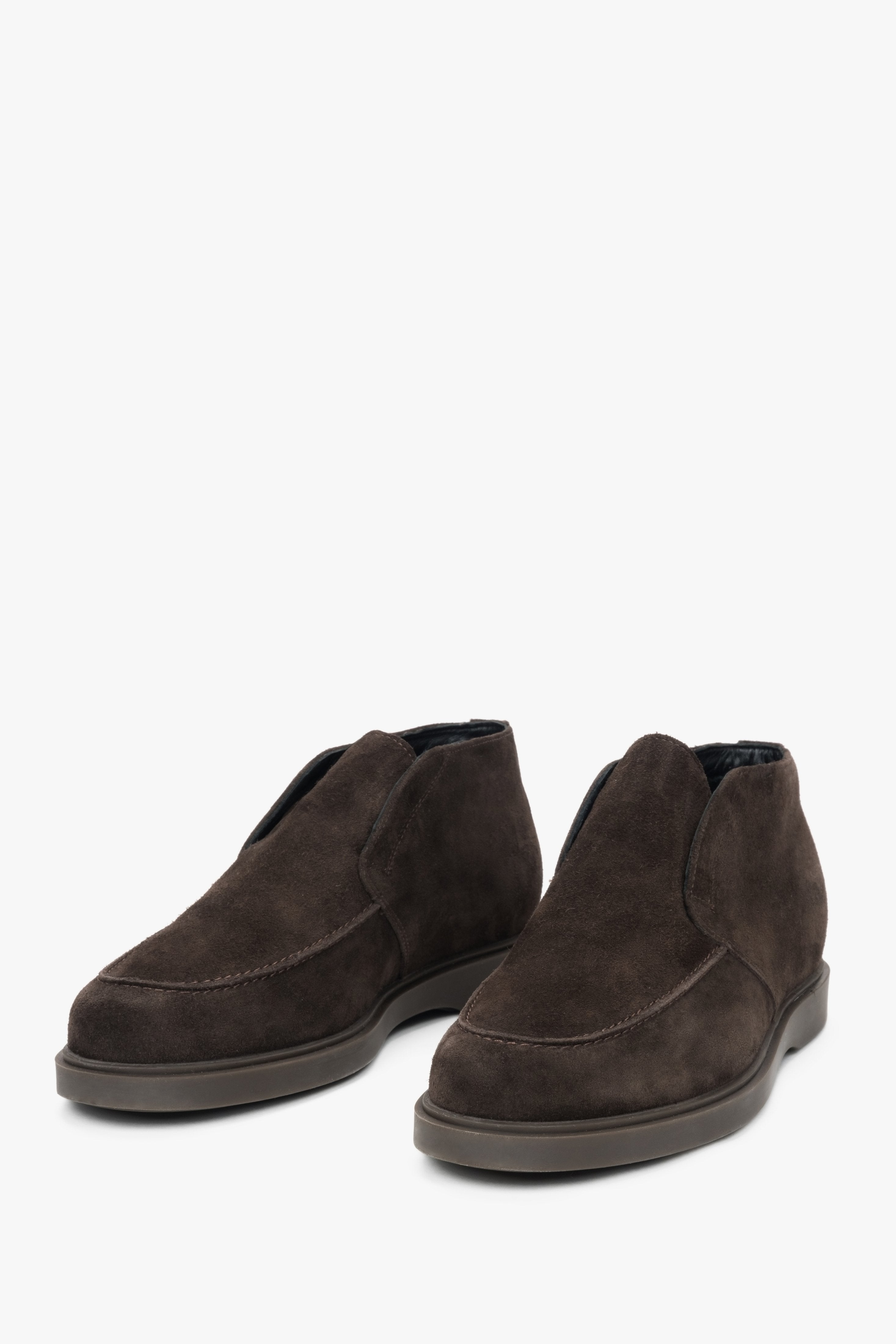 Men's dark brown velour loafers by Estro.