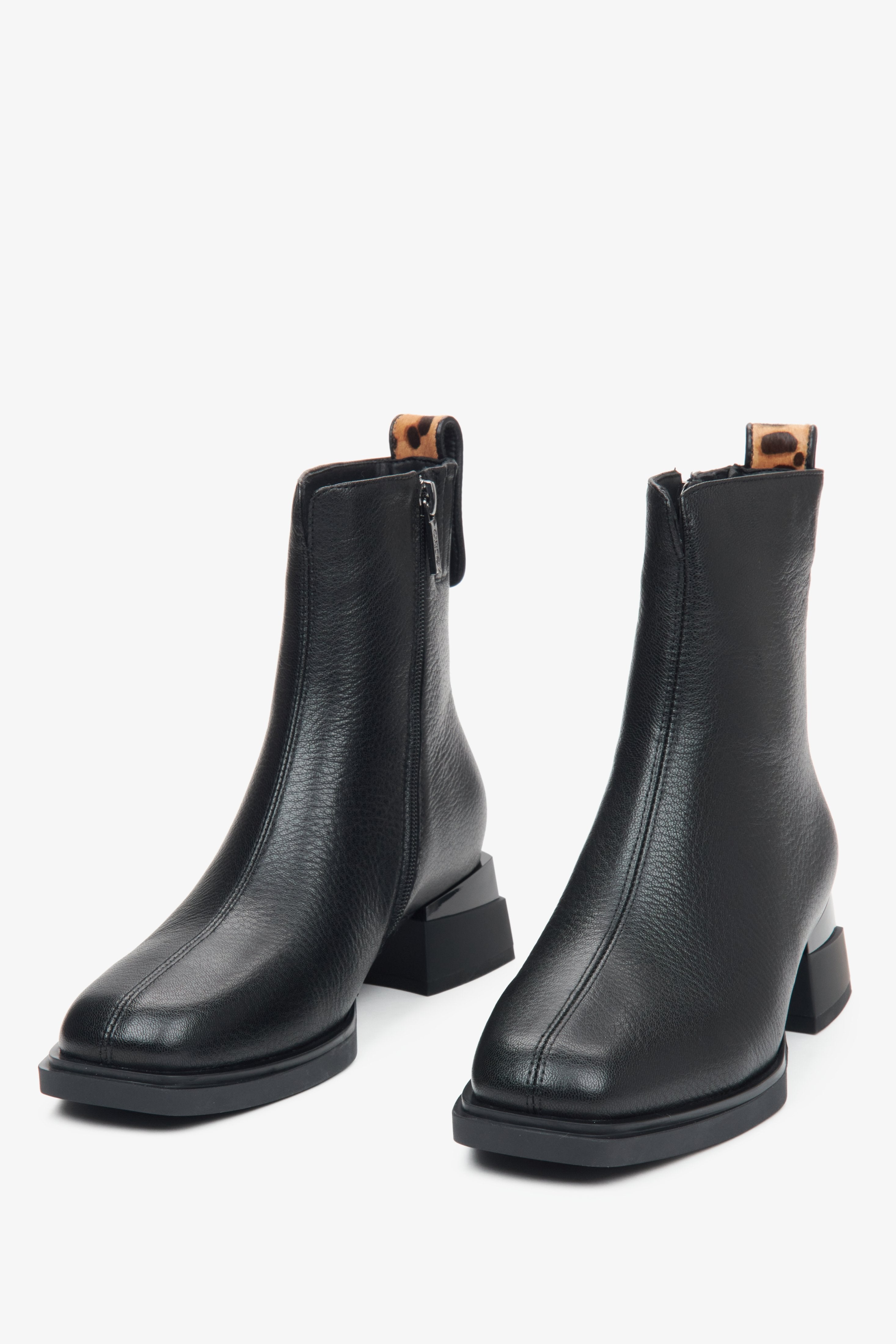 Women's leather ankle boots with a heel Estro - front view of the model.