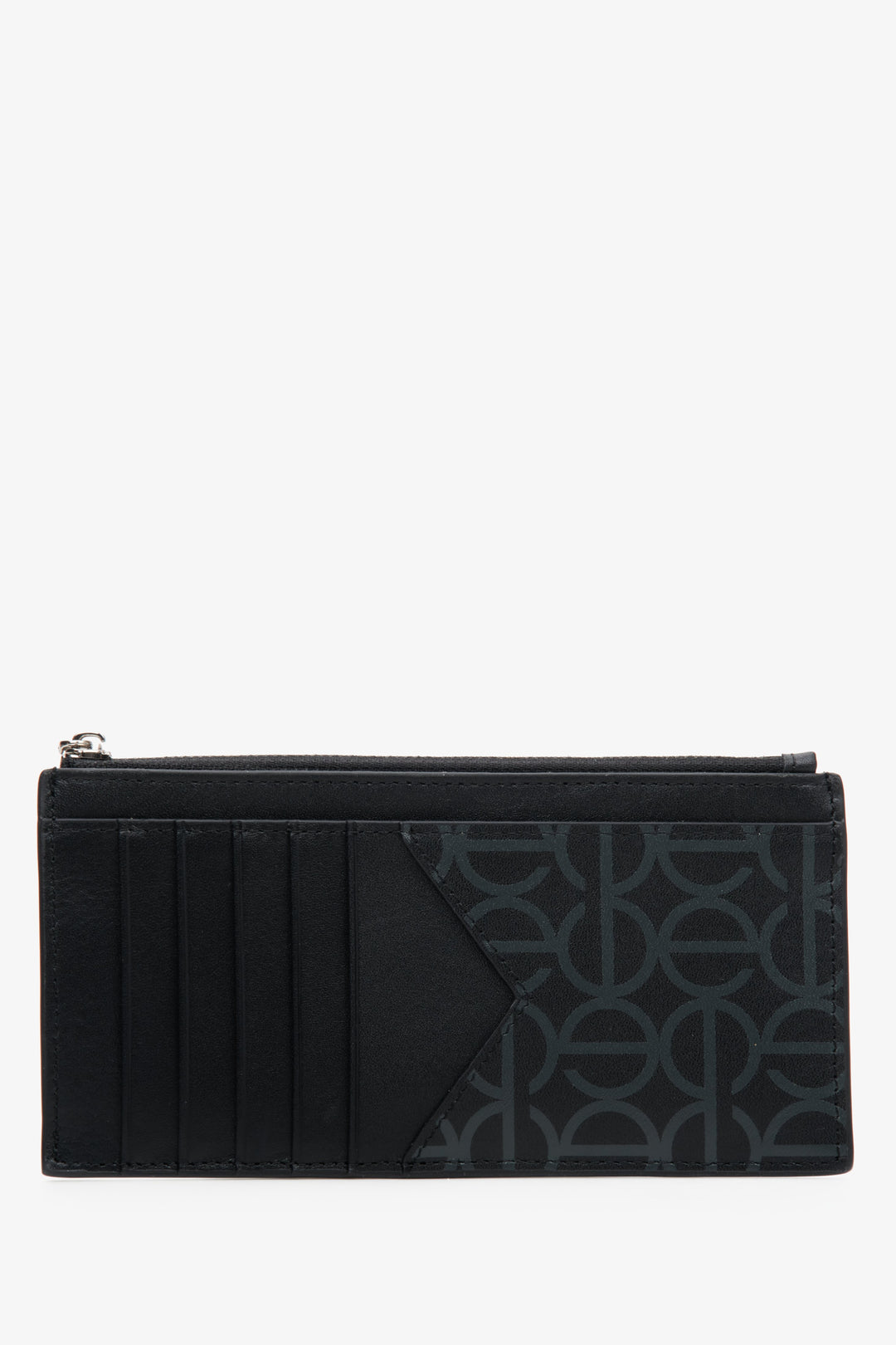 Large black women's wristlet by Estro, made of genuine leather with silver accents - reverse side.
