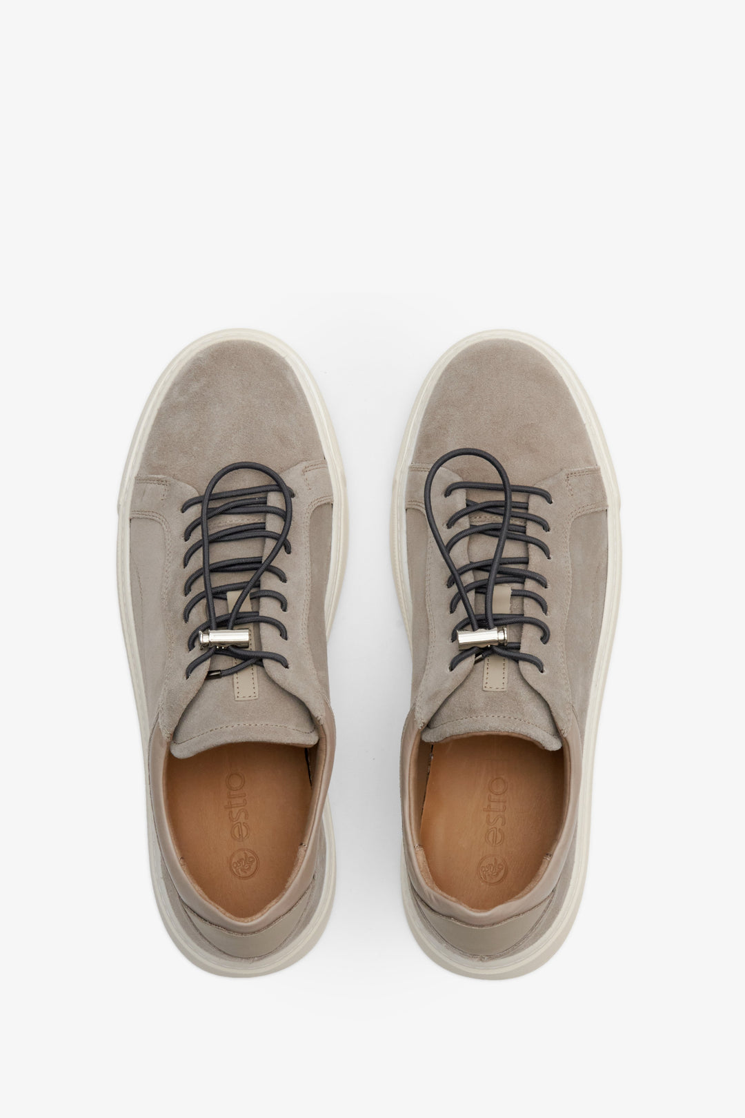 Men's grey suede sneakers by Estro - top view presentation of the footwear.