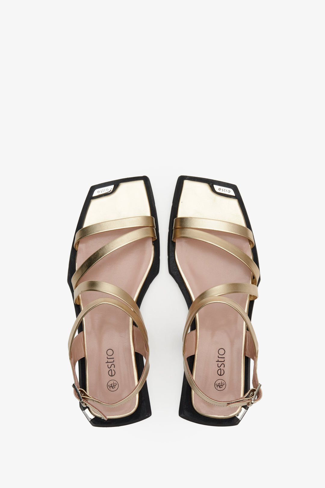 Leather, women's metallic summer sandals by Estro - presentation of the footwear from the top.