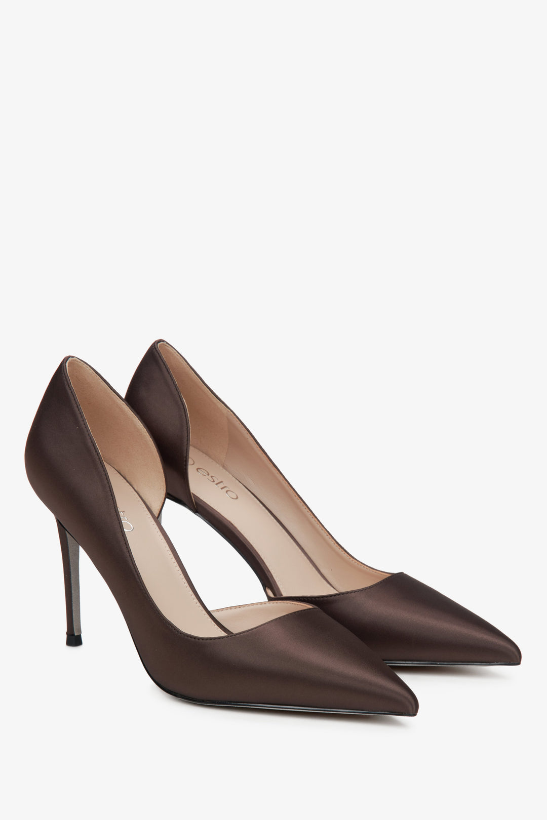 Women's dark brown Estro high heels with a satin finish.