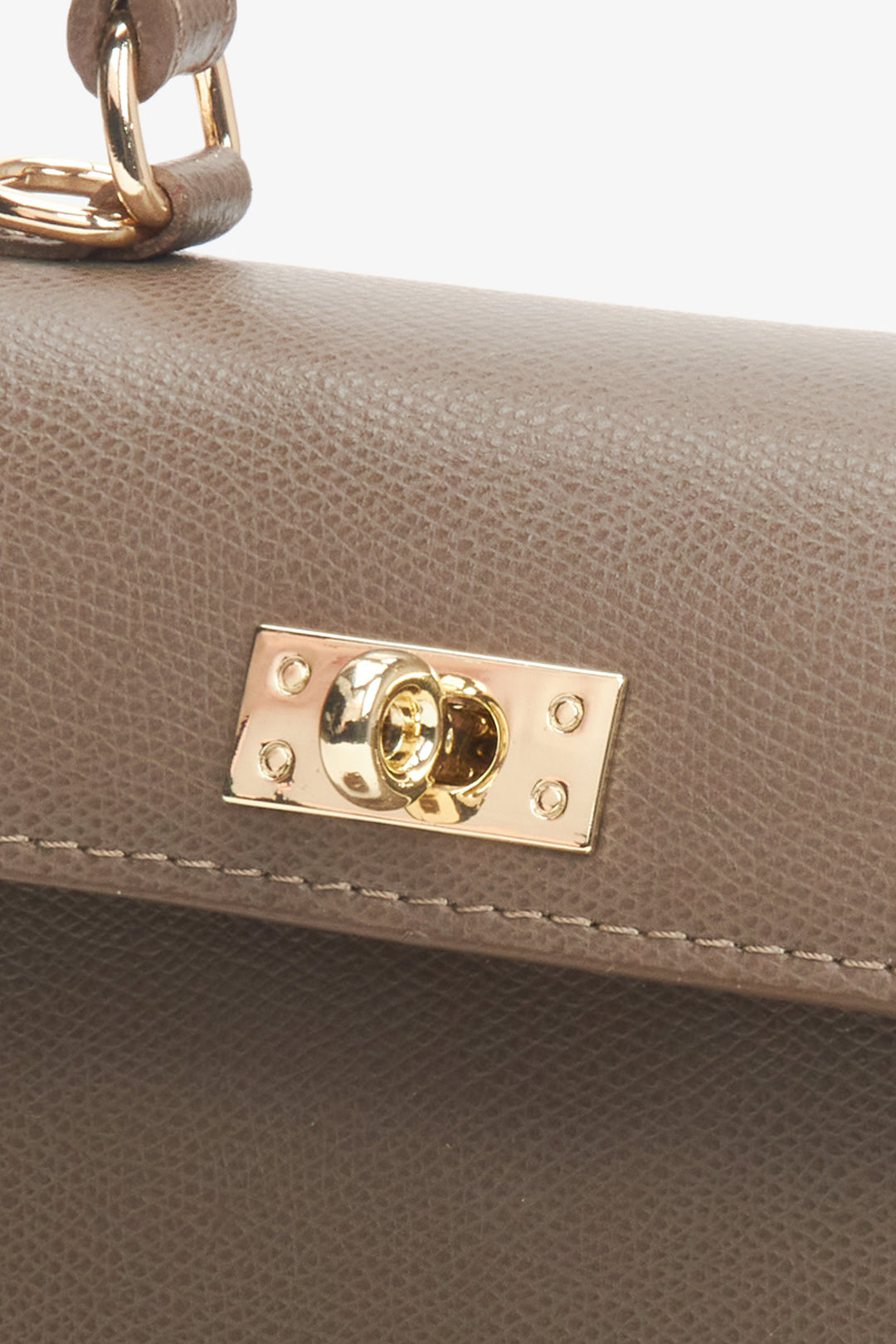 Brown structured bag made of Italian natural leather Estro - close-up of gold details.