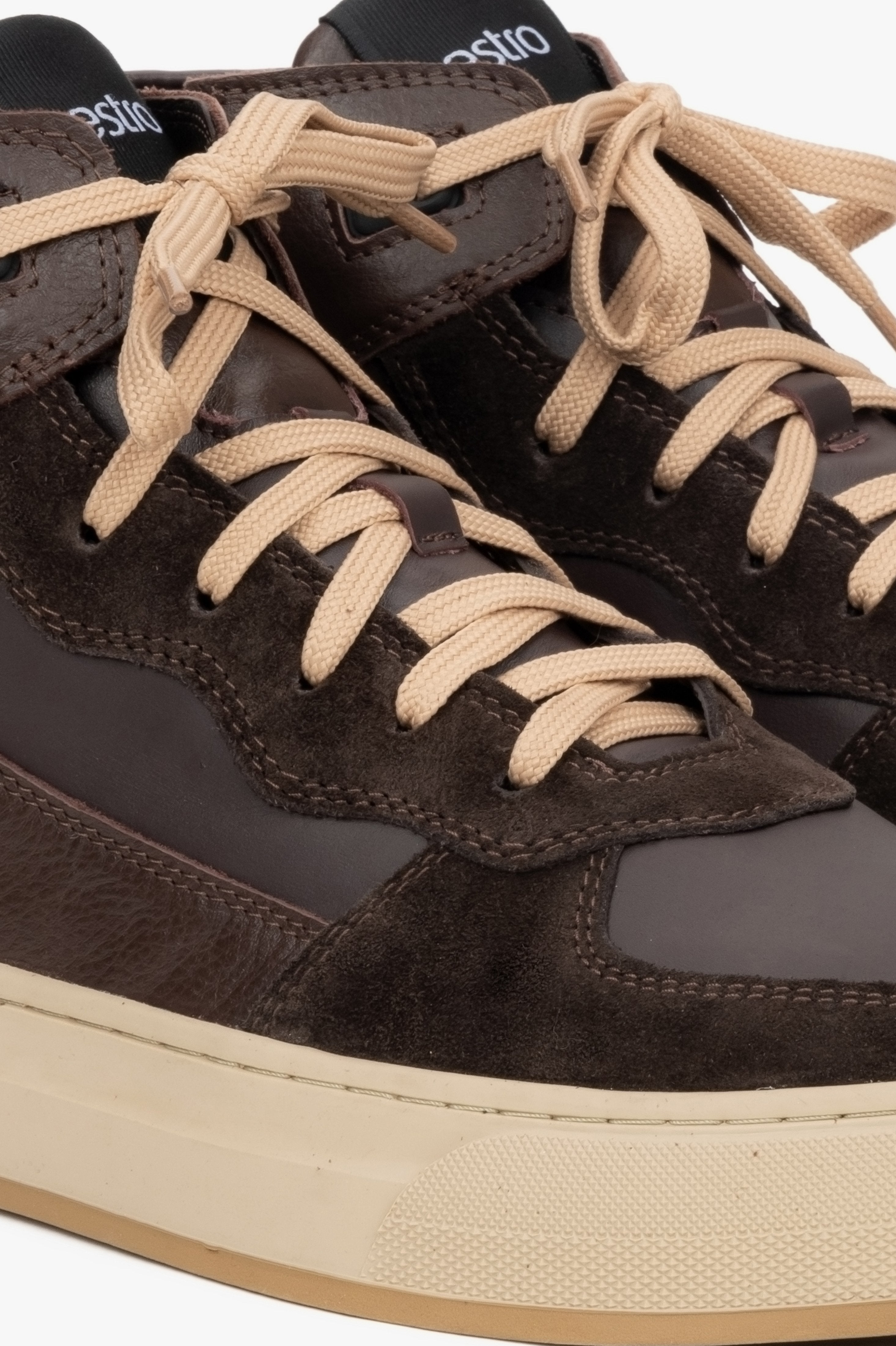 Italian leather and velour, high-top dark brown men's sneakers with insulation by Estro.