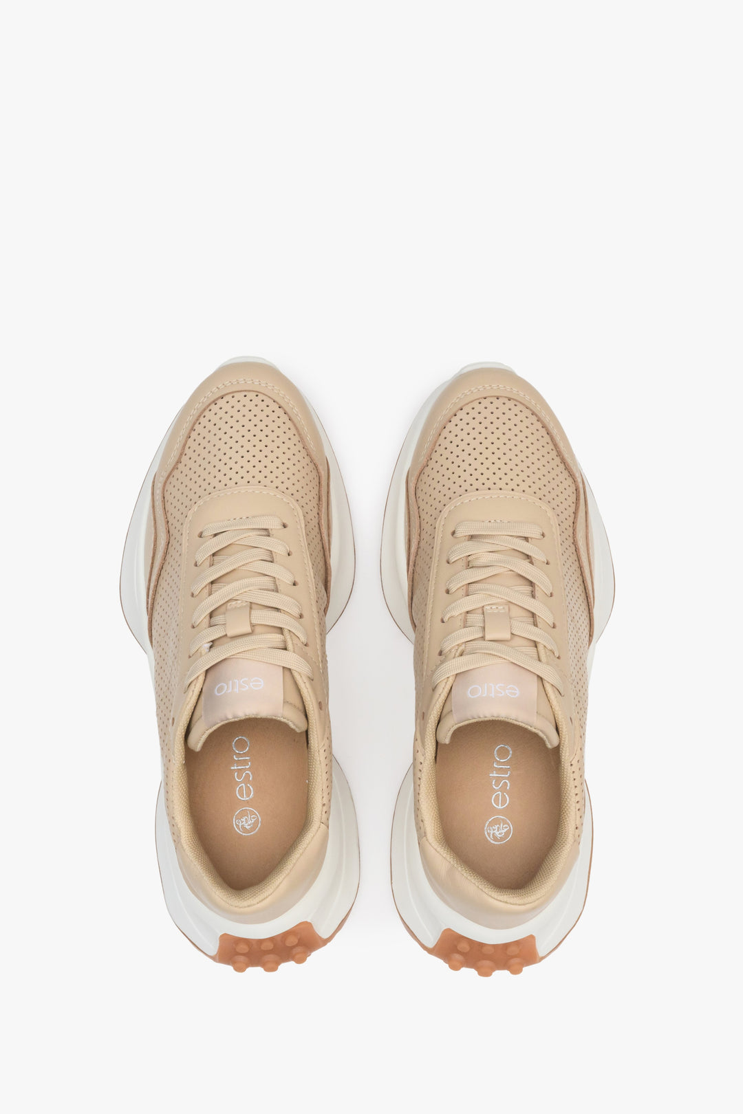  Women's beige Estro sneakers with genuine leather and perforation for fall - top view presentation of the footwear.