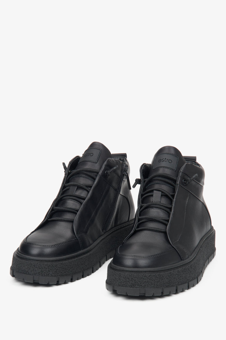 Men's black leather high-top sneakers - front view.