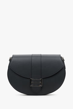 Medium-sized women's black leather handbag with a silver clasp.