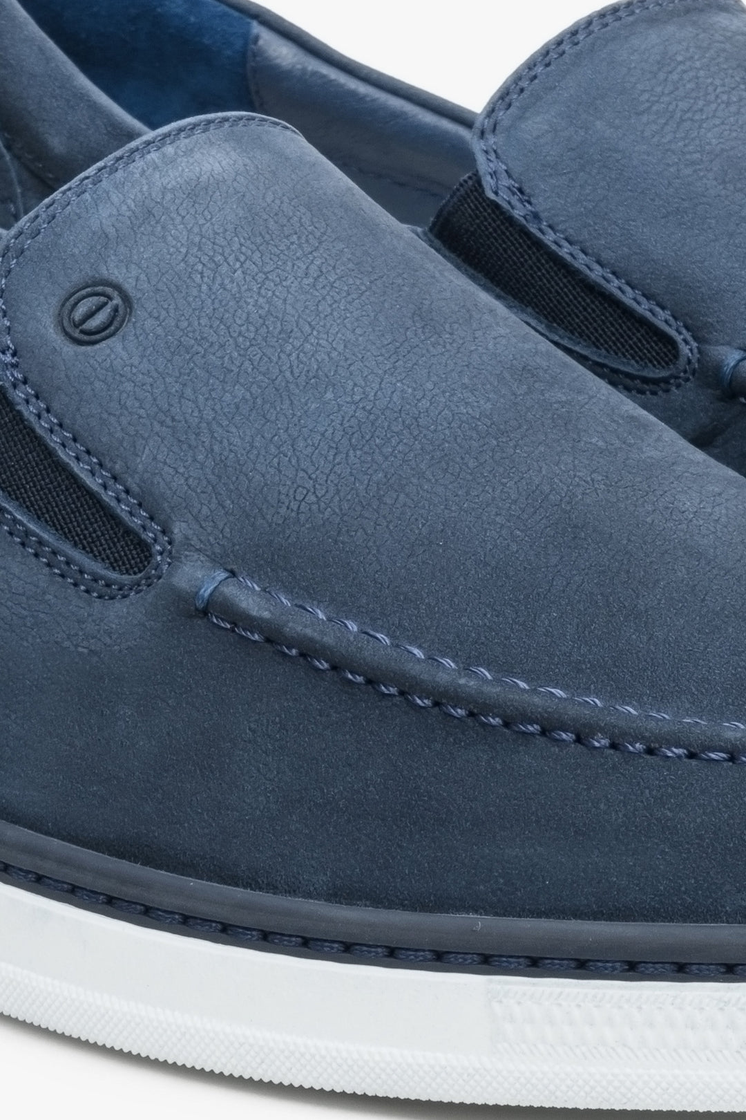 Blue nubuck Estro men's slip-on loafers - close-up of the stitching system.