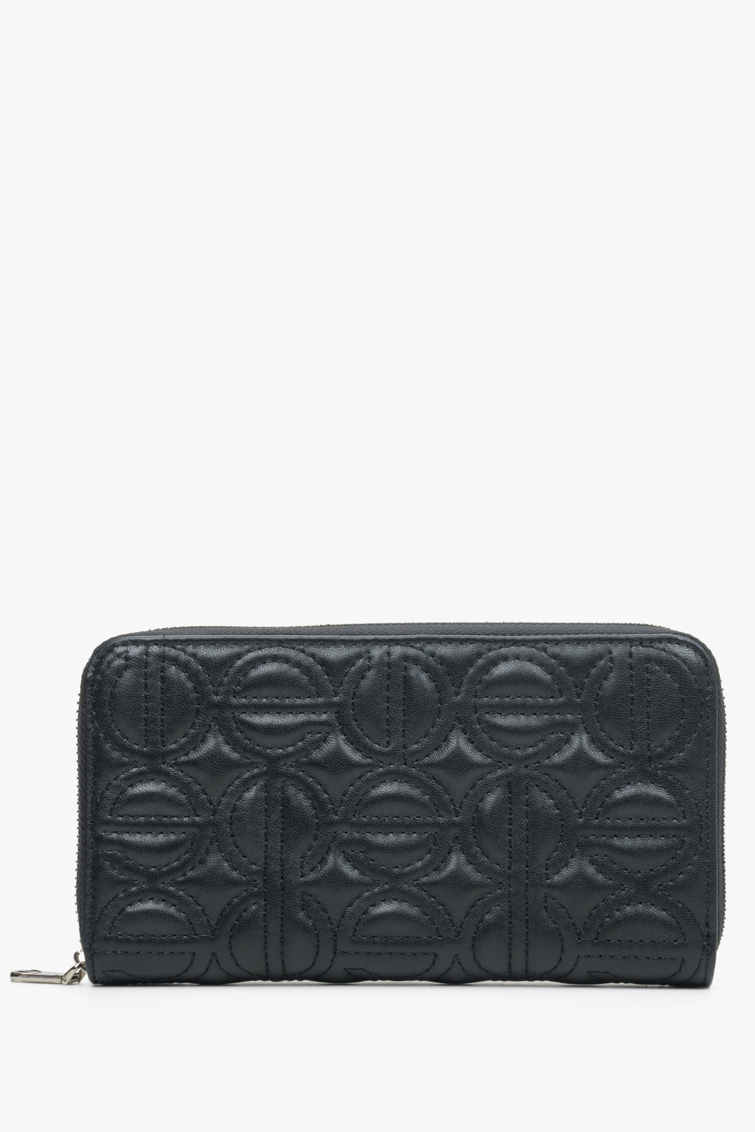 Black leather women's continental wallet with embossed Estro brand logo.