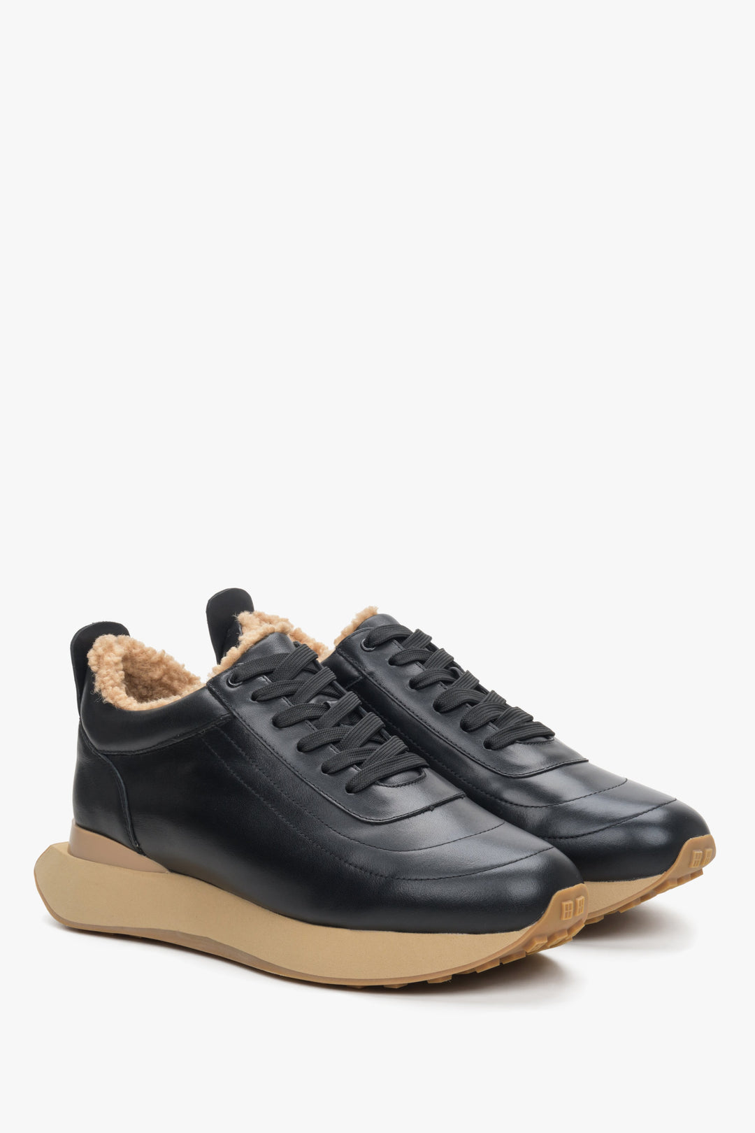 Women's black & beige sneakers made of genuine leather with fur for winter by Estro.