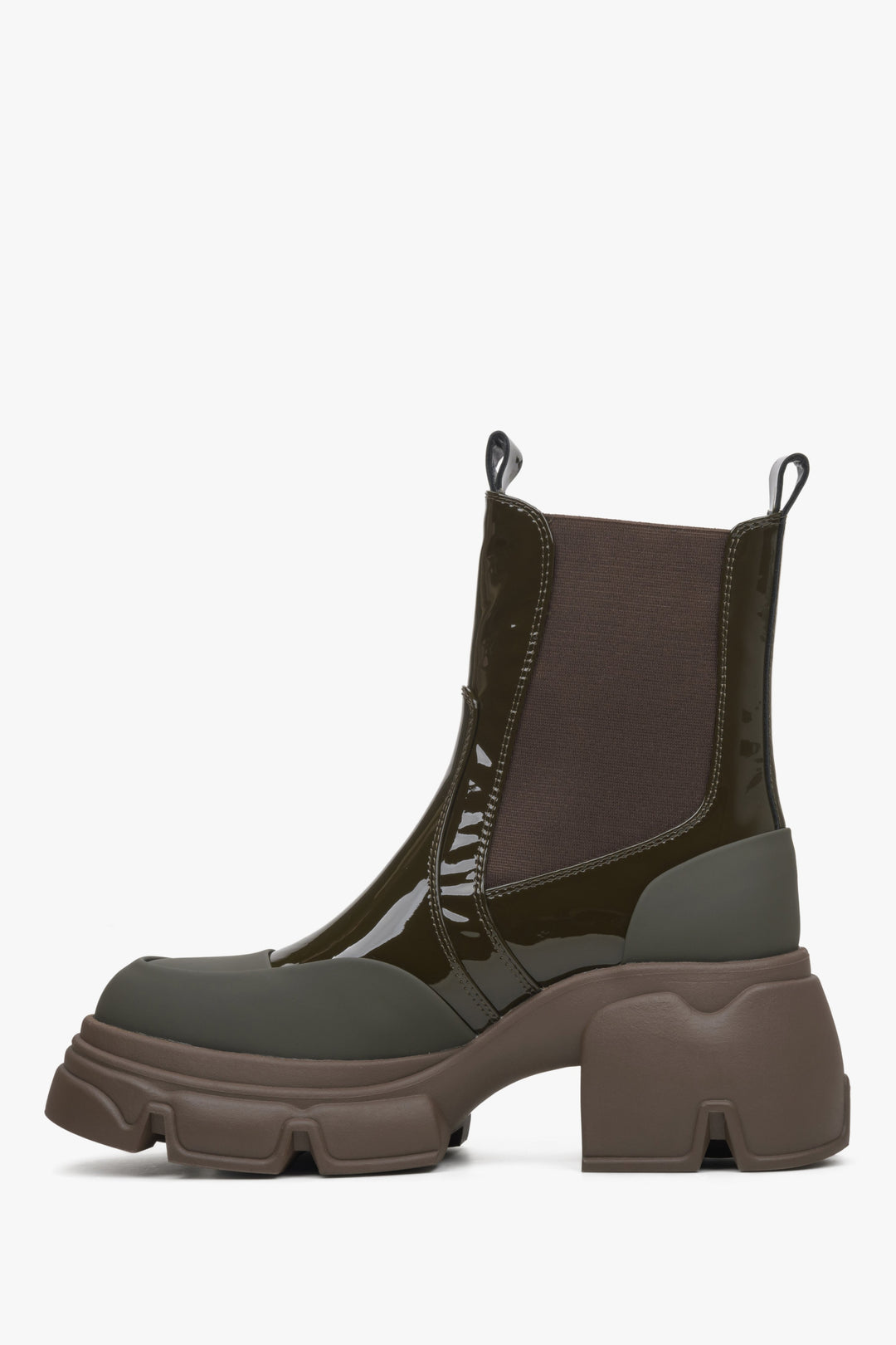 Women's dark green Chelsea boots by Estro made of patent natural leather - shoe profile.